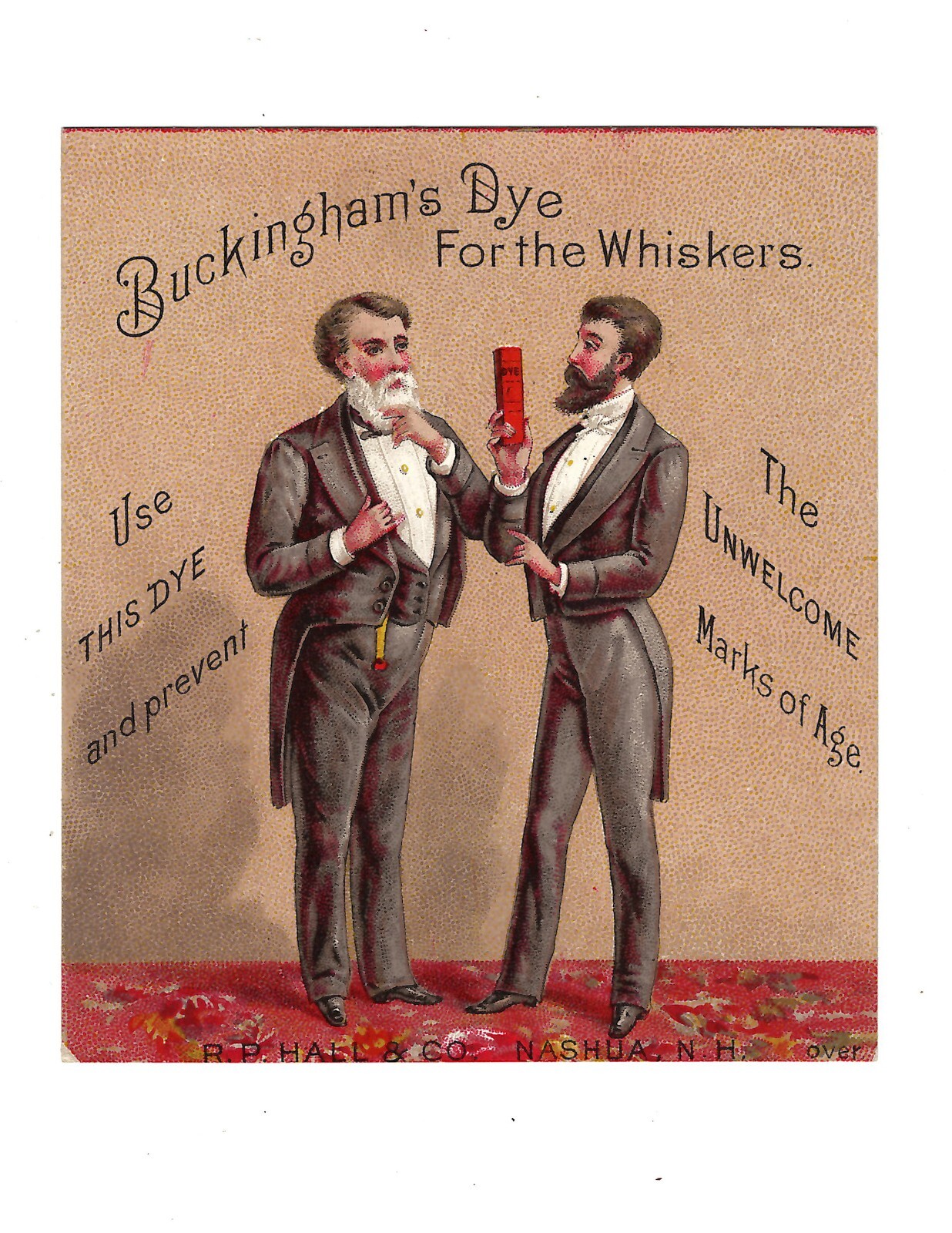 Victorian Trade Card 1800's Buckinghams Beard Whisker Dye RP Hall & Co Nashua NH