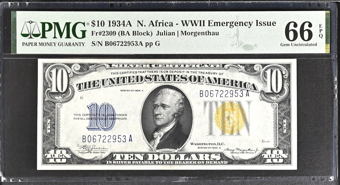 1934-A $10 North Africa Silver Certificate PMG 66 EPQ FR. 2309