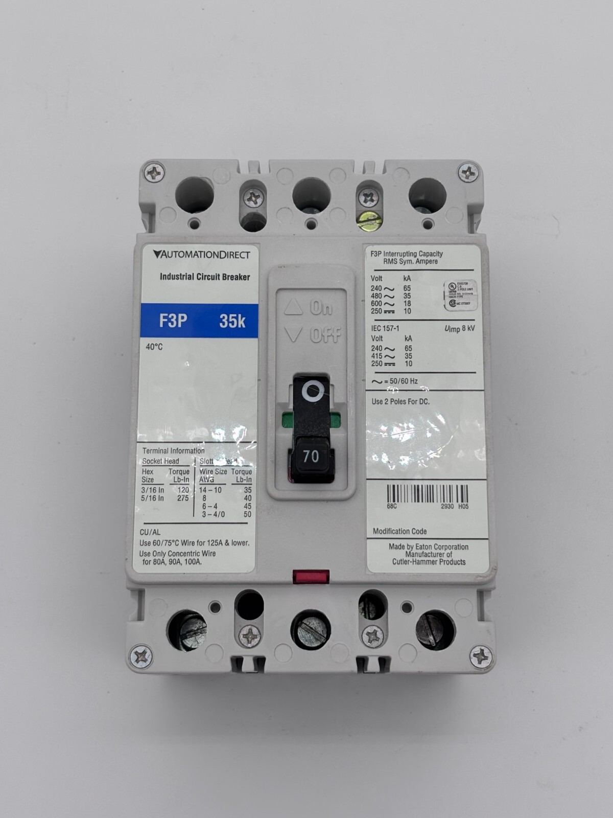 EATON / Automation Direct F3P070  70 Amp, 35K AIC,  3 Pole Circuit Breaker