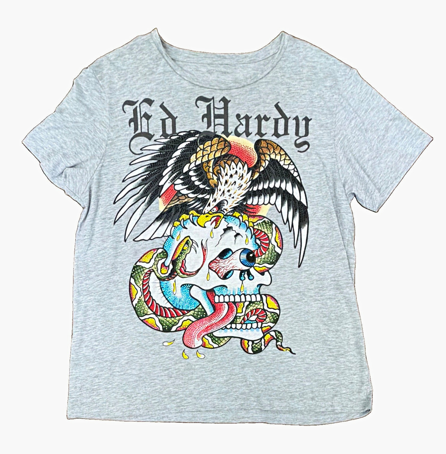 Ed Hardy Gray Double-Sided Skull Eagle Snake Graphic Tee w/ Rhinestones L Ed Hardy Gray Double-Sided Skull Eagle Snake Graphic Tee w/ Rhinestones L