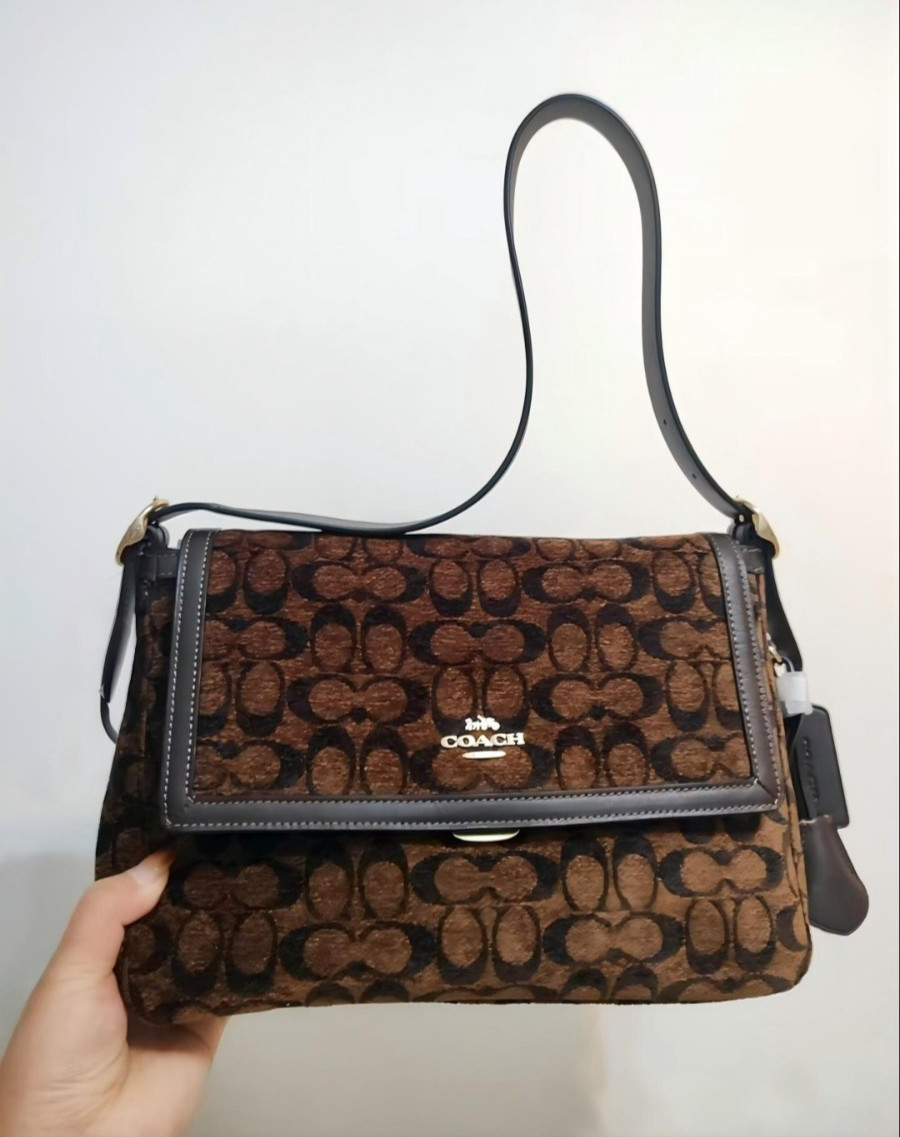 COACH Etta Flap Bag In Signature Chenille CCE58 Truffle COACH Etta Flap Bag In Signature Chenille CCE58 Truffle