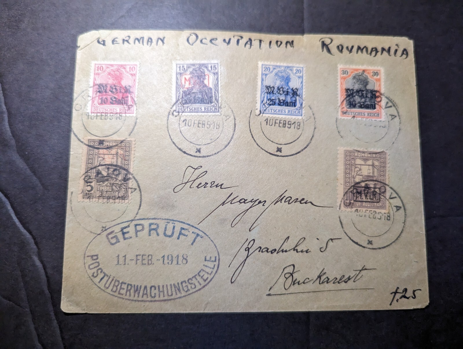 1918 Germany MVIR Romania Overprint Cover Craiova to Bucharest 1918 Germany MVIR Romania Overprint Cover Craiova to Bucharest