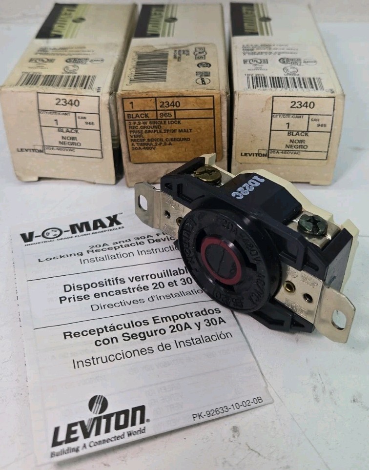 Lot of 3 - Leviton 2340 NEMA L8-20R 20A 480V Locking Receptacle Lot of 3 - Leviton 2340 NEMA L8-20R 20A 480V Locking Receptacle