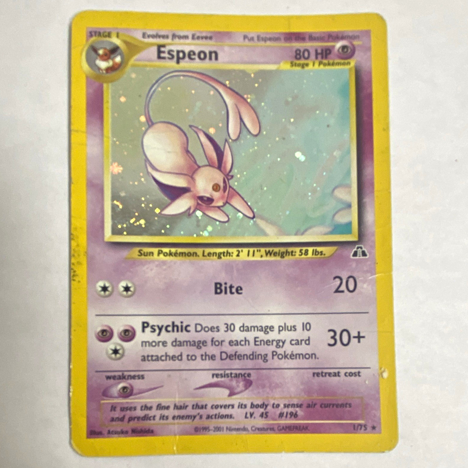 Nintendo Pokemon TCG Espeon Neo Discovery Holo Rare 1/75 80 HP 2001 Nintendo Pokemon TCG Espeon Neo Discovery Holo Rare 1/75 80 HP 2001