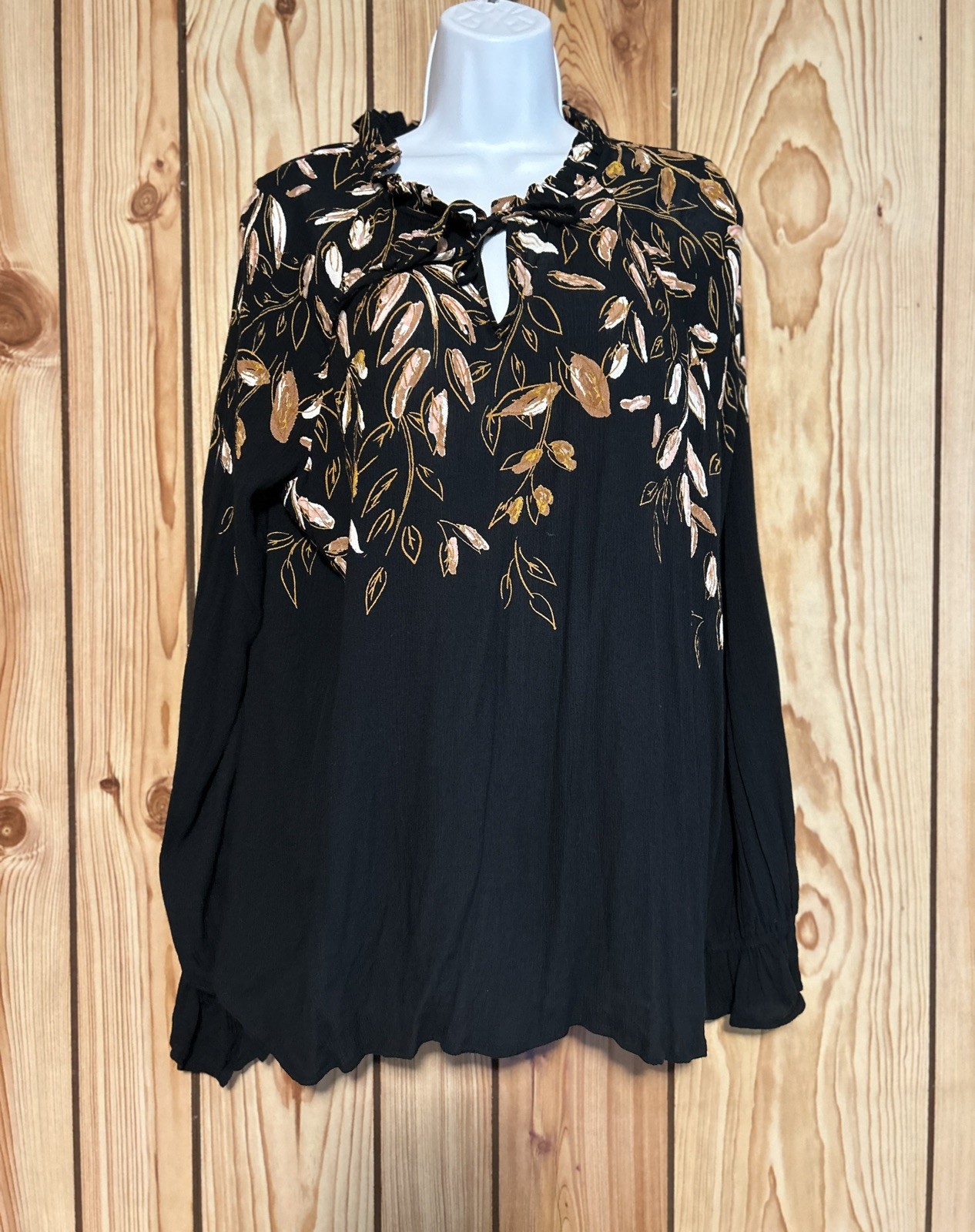 Wonderly New Women\'s Top Peasant Blouse Boho size XL BLACK long sleeves Rayon 