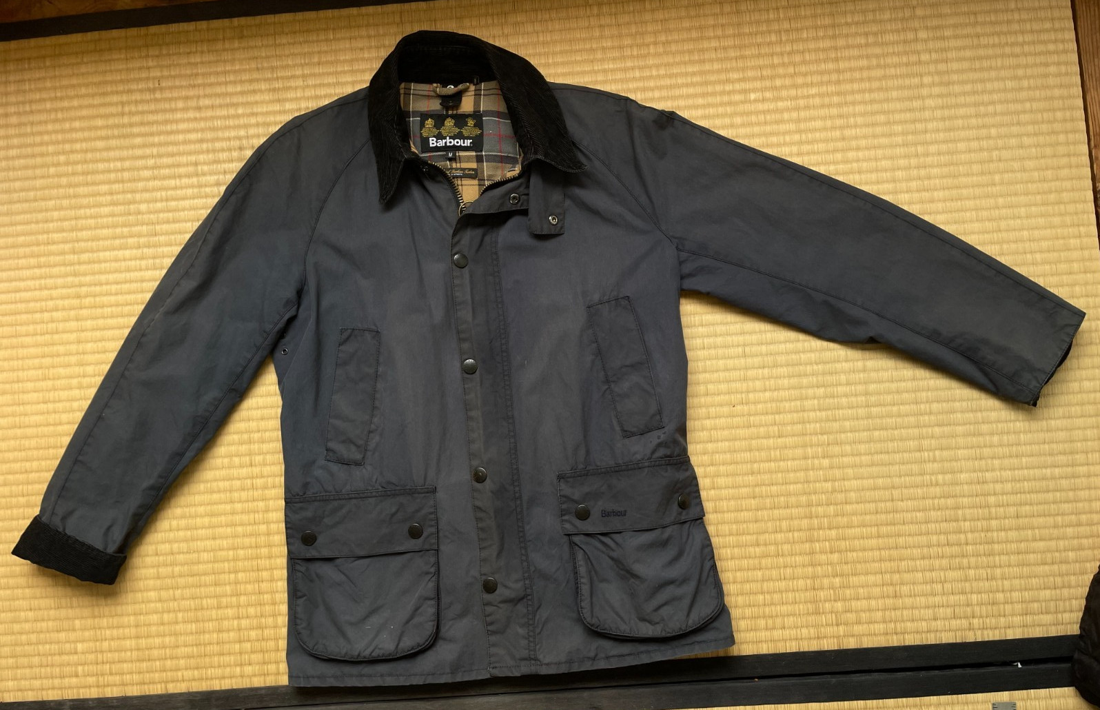 Barbour Original Waxed Jacket Navy Corduroy Collar Plaid Lined Men\'s Medium
