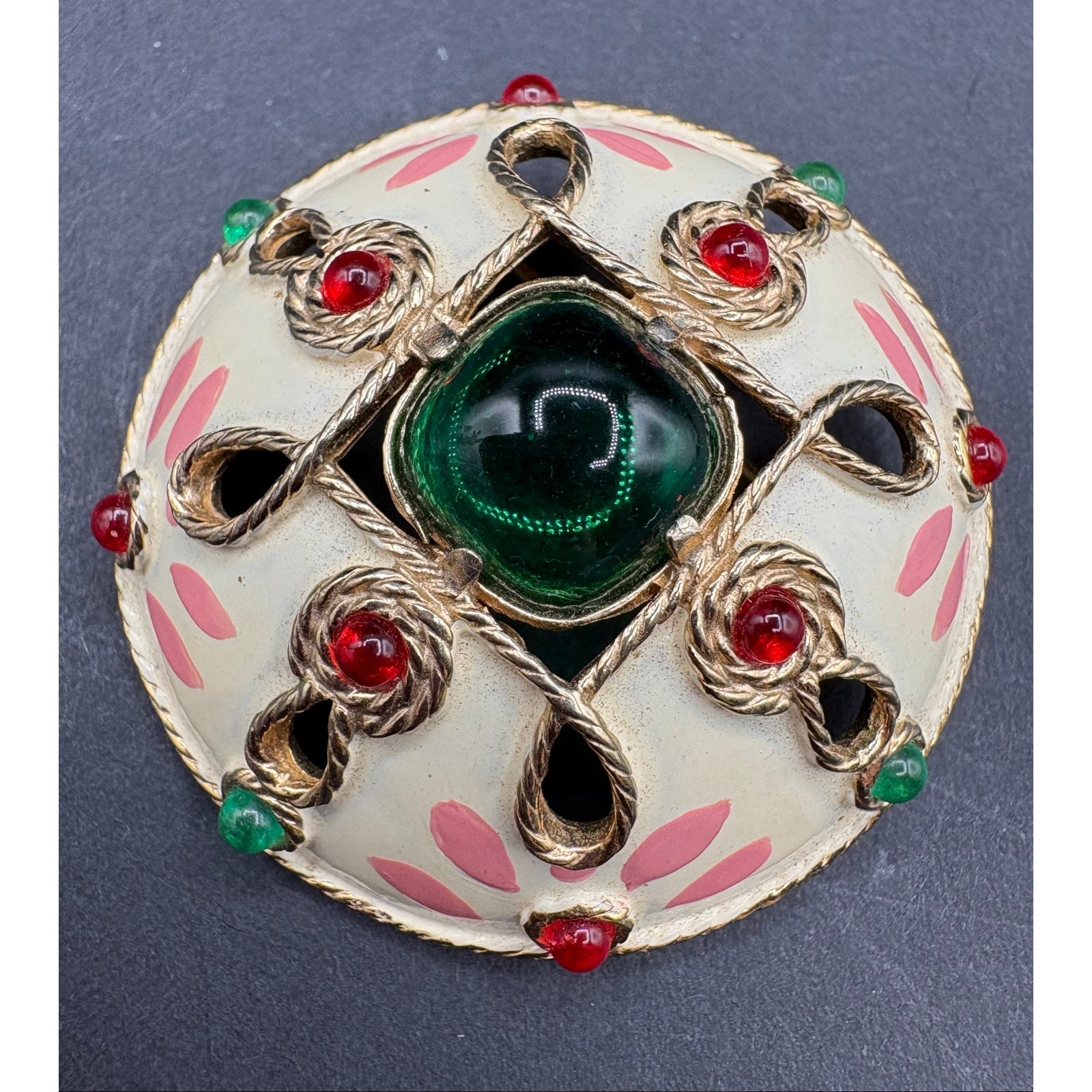 Striking Vintage Castlecliff Enamel & Glass Statement Brooch 2.5”