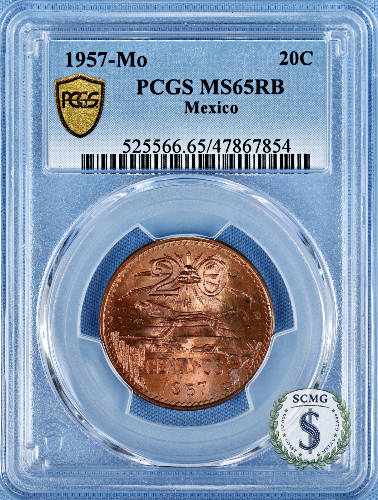 1957-Mo Mexico 20 Centavos PCGS MS65RB KM#440 - Colorful Beauty