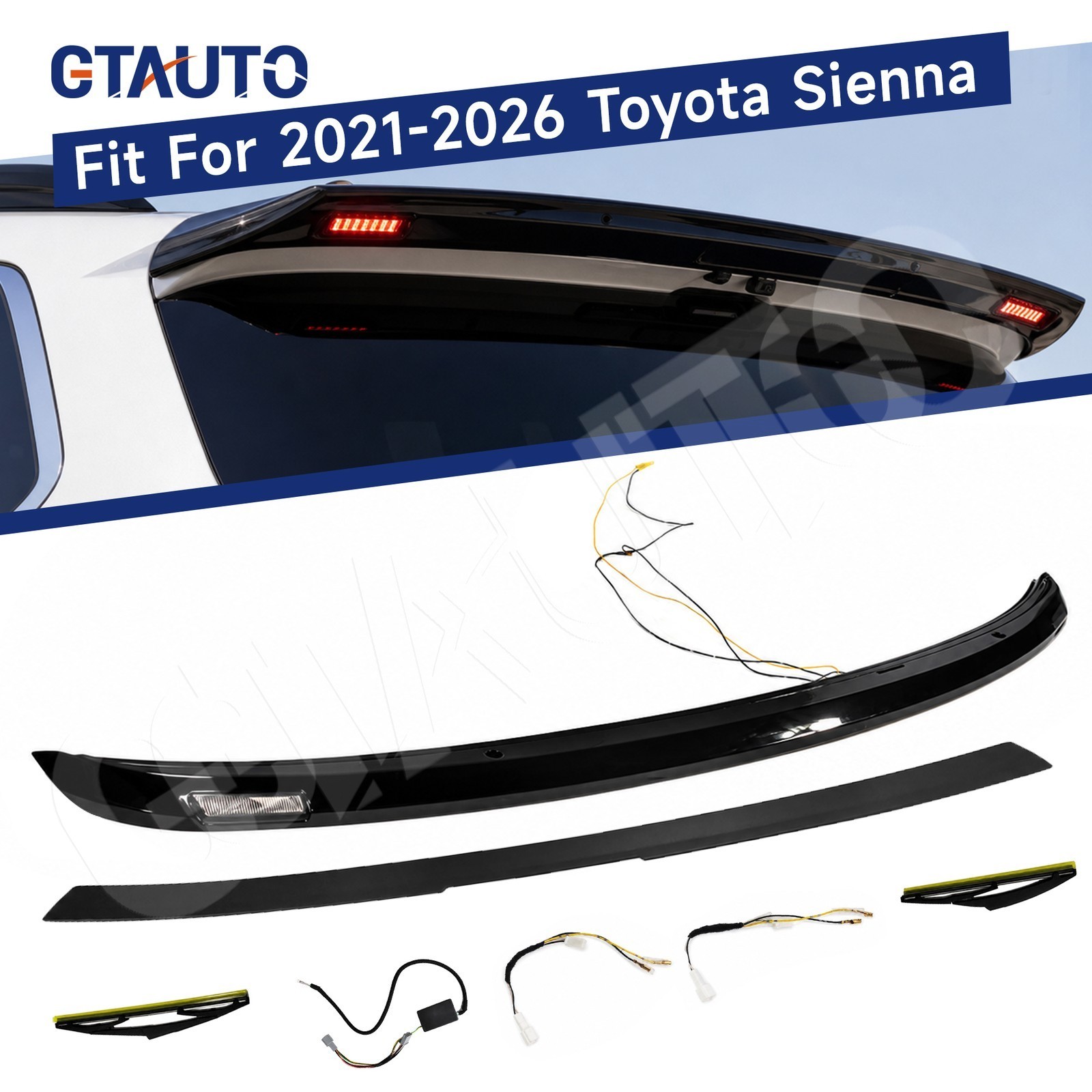 For 2021-2026 Toyota Sienna Rear Roof Spoiler Wing with LED Light Gloss Black