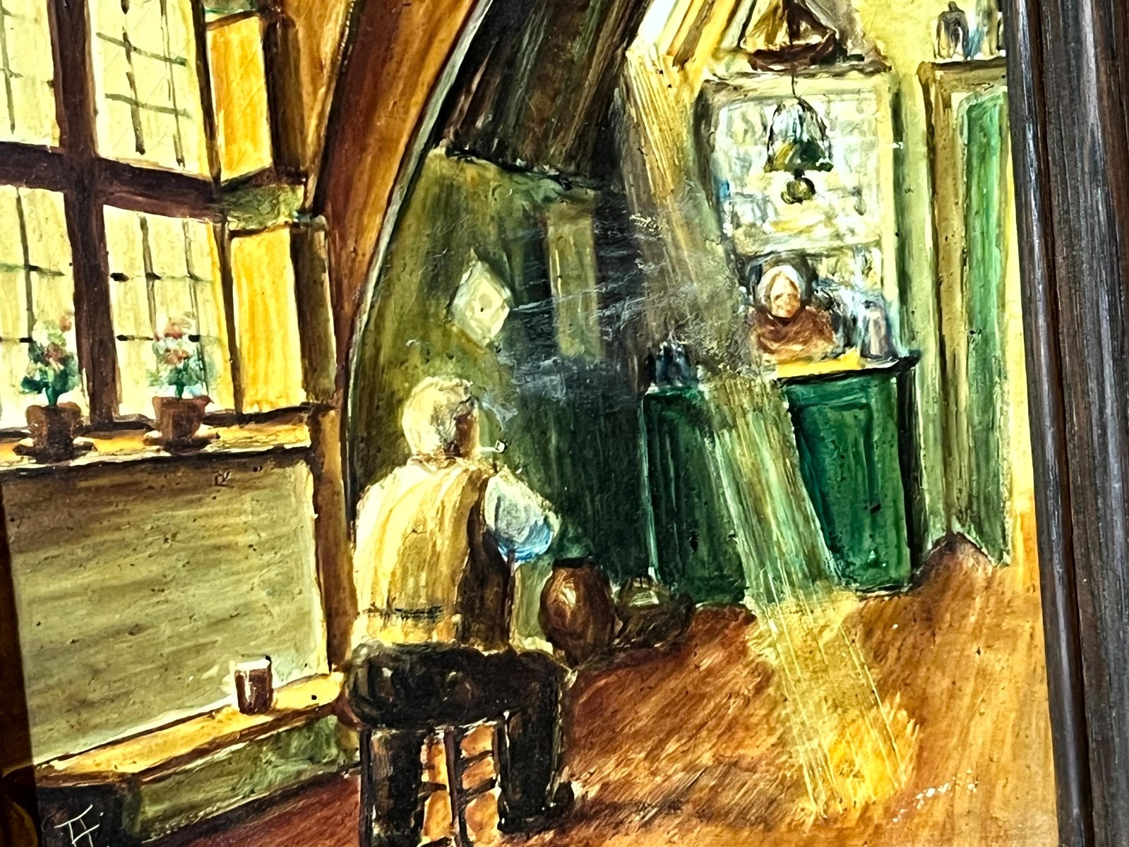 1944 Brussels WW2 Oil Painting Framed Monogrammed JE Interior Cottage Pipe Smoke