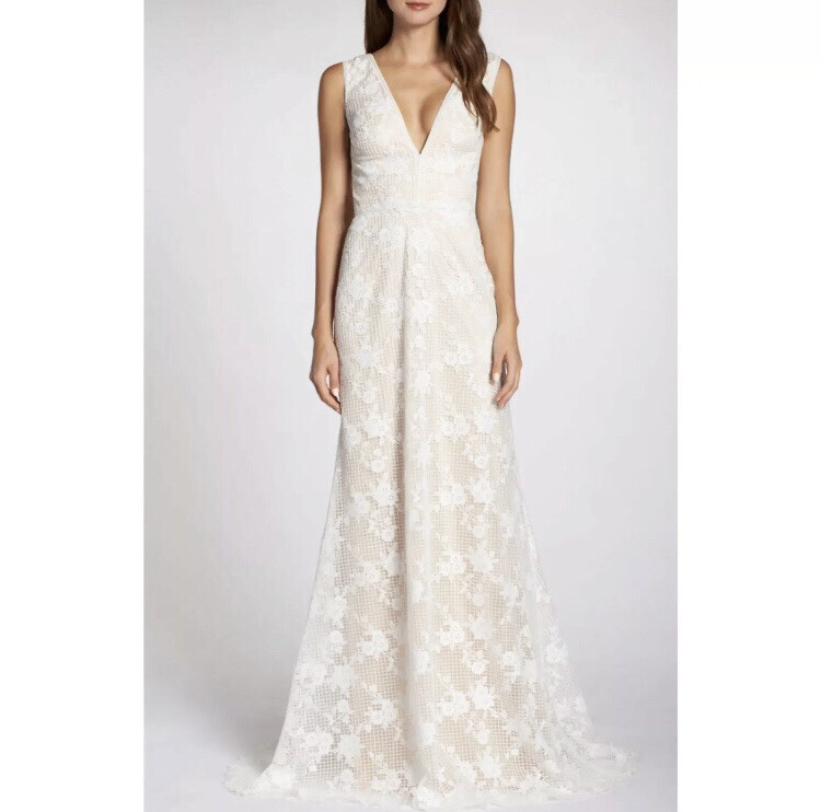 BHLDN Anthropologie Dress Tadashi Shoji Floral Grid Lace V Neck Wedding 2 RGT 🌹
