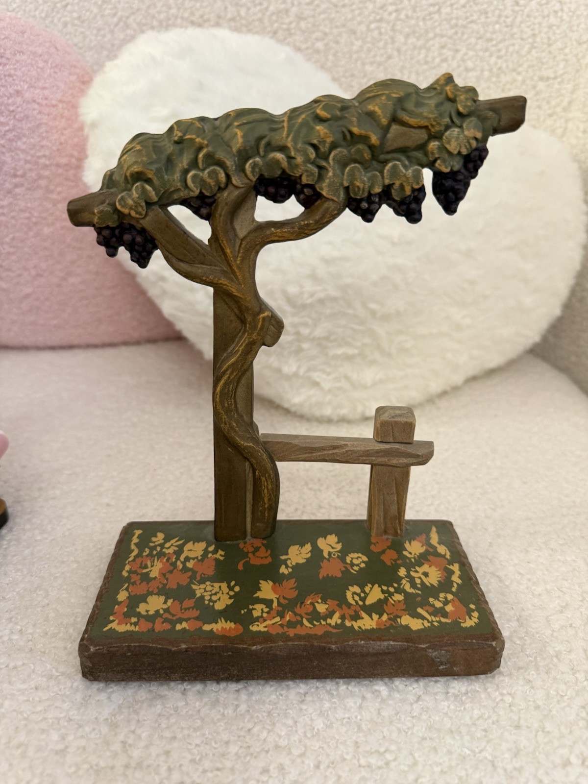 ANRI Hand Painted Wood Tree Figurine with Grapes on Base 1970s