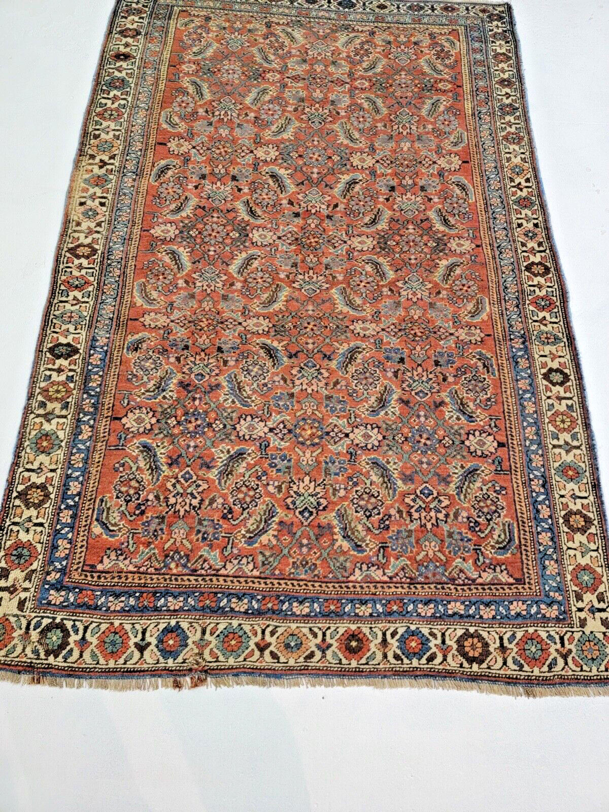 Antique Oriental Hand-Knotted Wool Area Rug Multicolor/Red 4'2