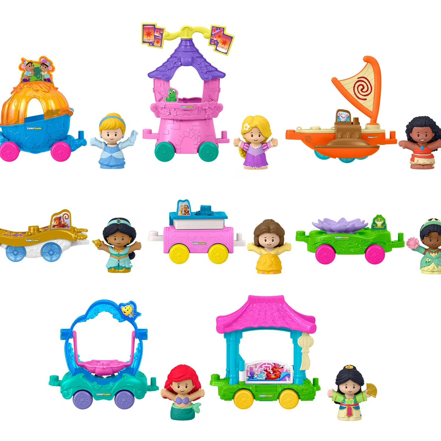 Fisher-Price Little People Disney Princess Parade Set 16pc 8 Figures Vehicles