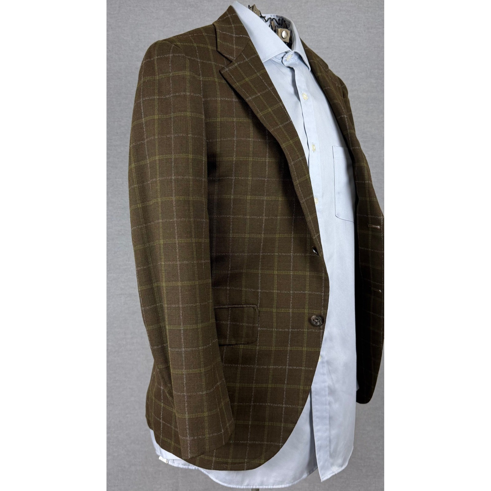 Vintage 60s Bespoke Brown Windowpane Check Sport Coat Blazer 36R ACWA Union Tag