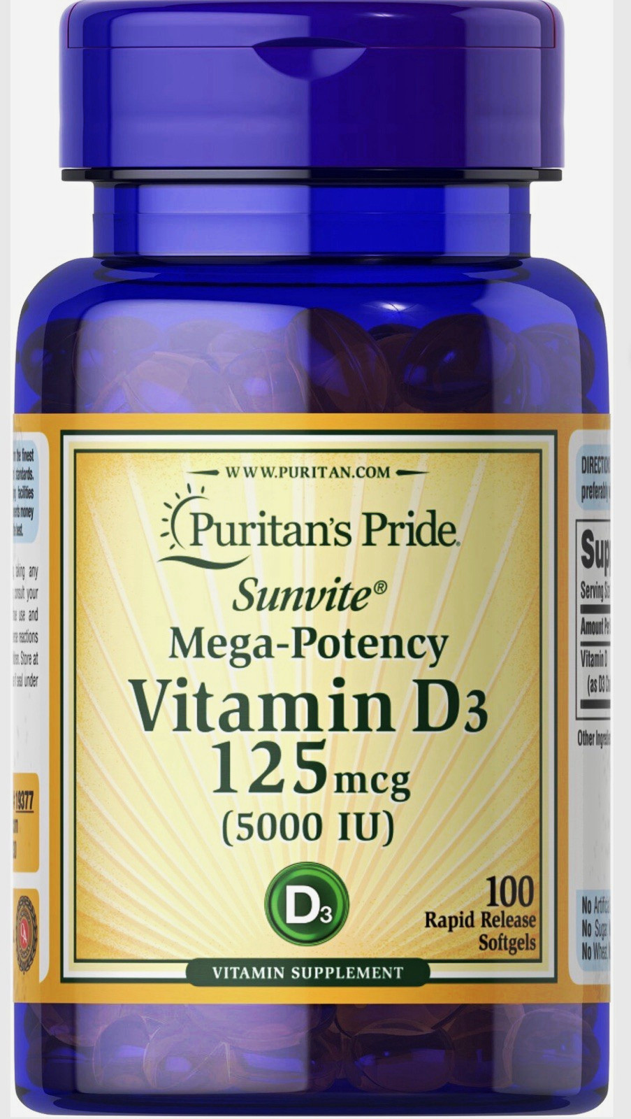 Puritan\'s Pride Sunvite Vitamin D3 125 mcg (5000 IU) Rapid Release 100