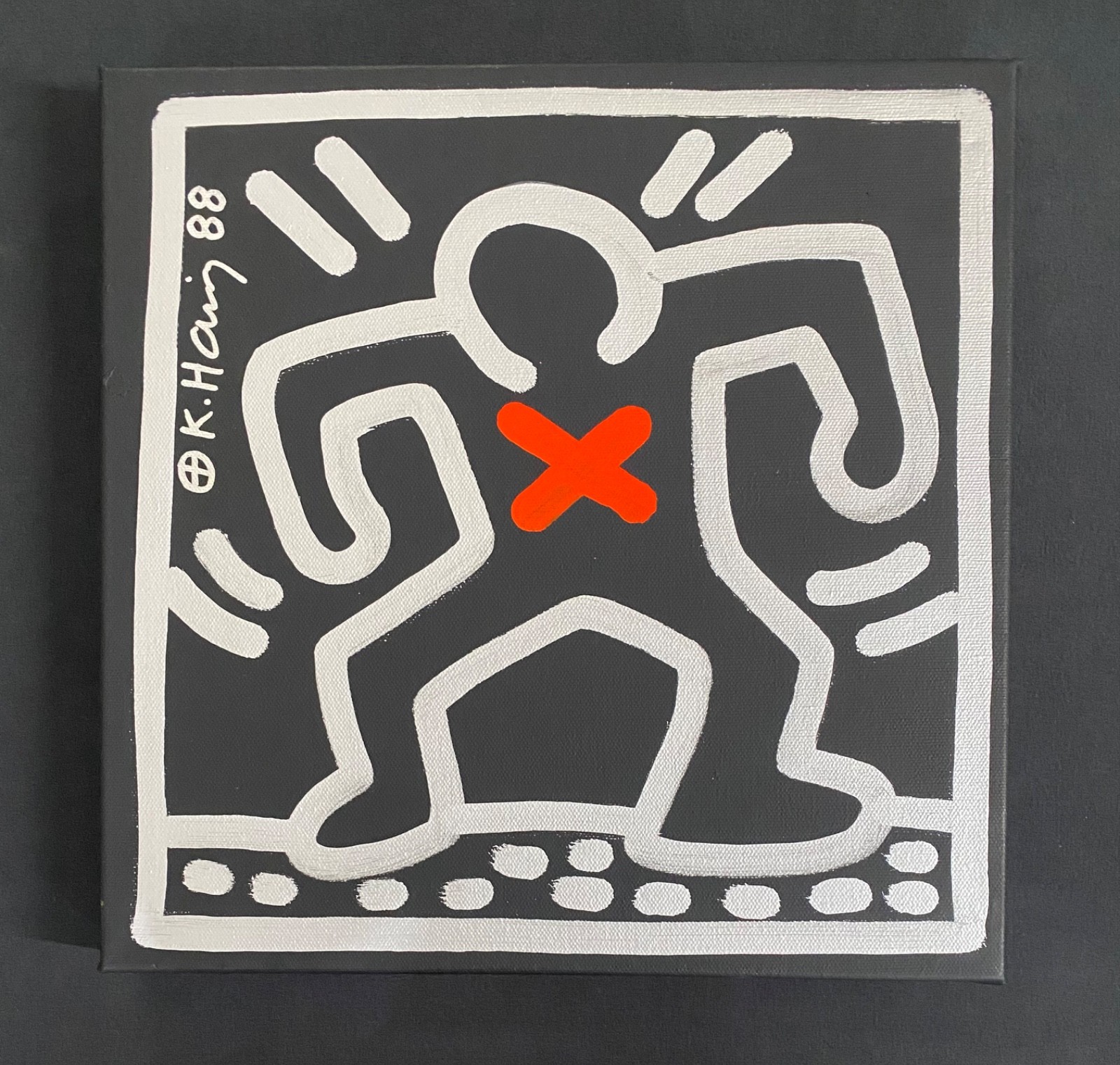 Keith Haring Painting  on Vintage Unique Canvas SIGNED NYC POP SHOP