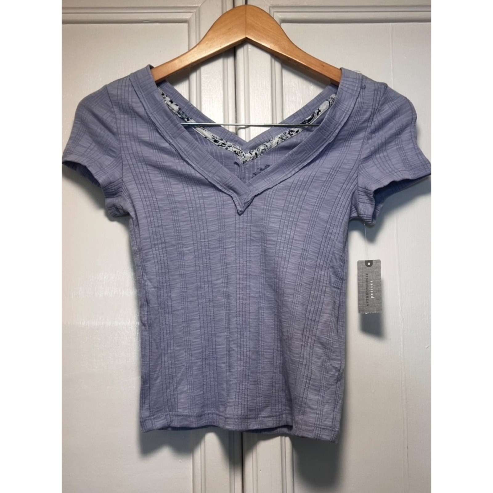 NWT Anthropologie Pilcro Purple Ribbed Double V-Neck Tee Lavender XXS Petite