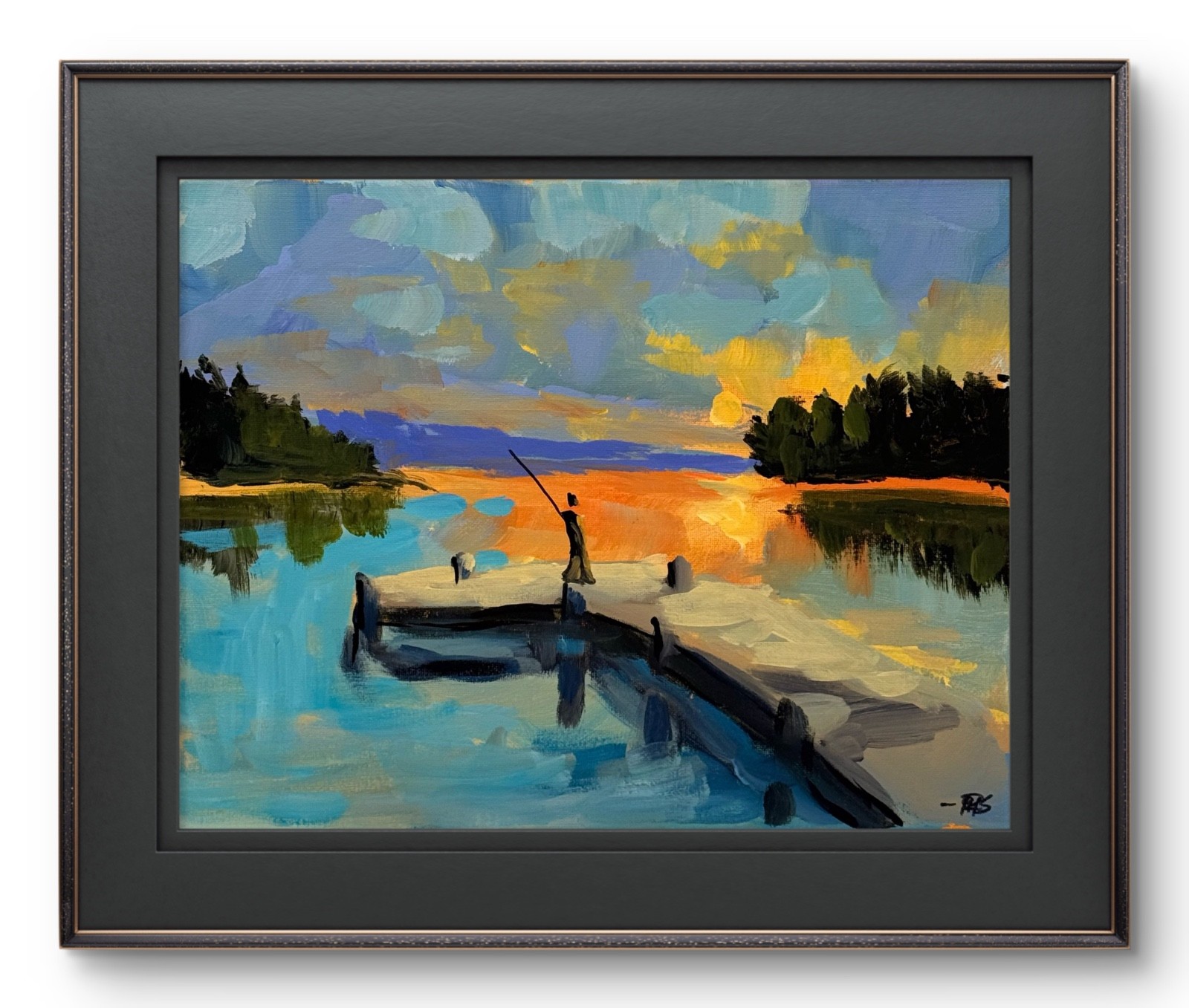 R Stevens Original 11x14 Impressionist Fishing Dock Sunset Painting Signed Wall