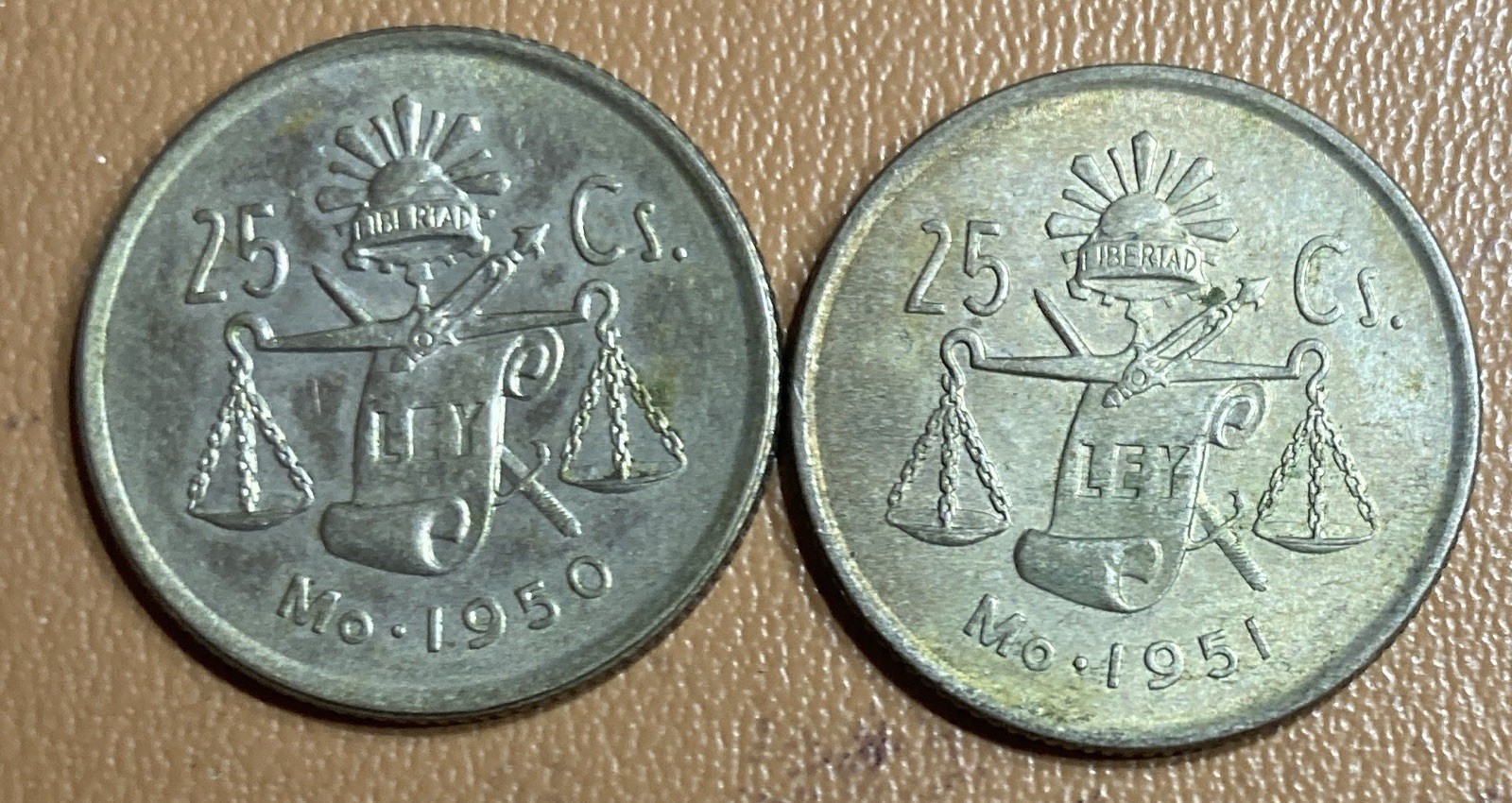 1950 & 1951 Mexico 25 Centavos Silver Coin, KM #443