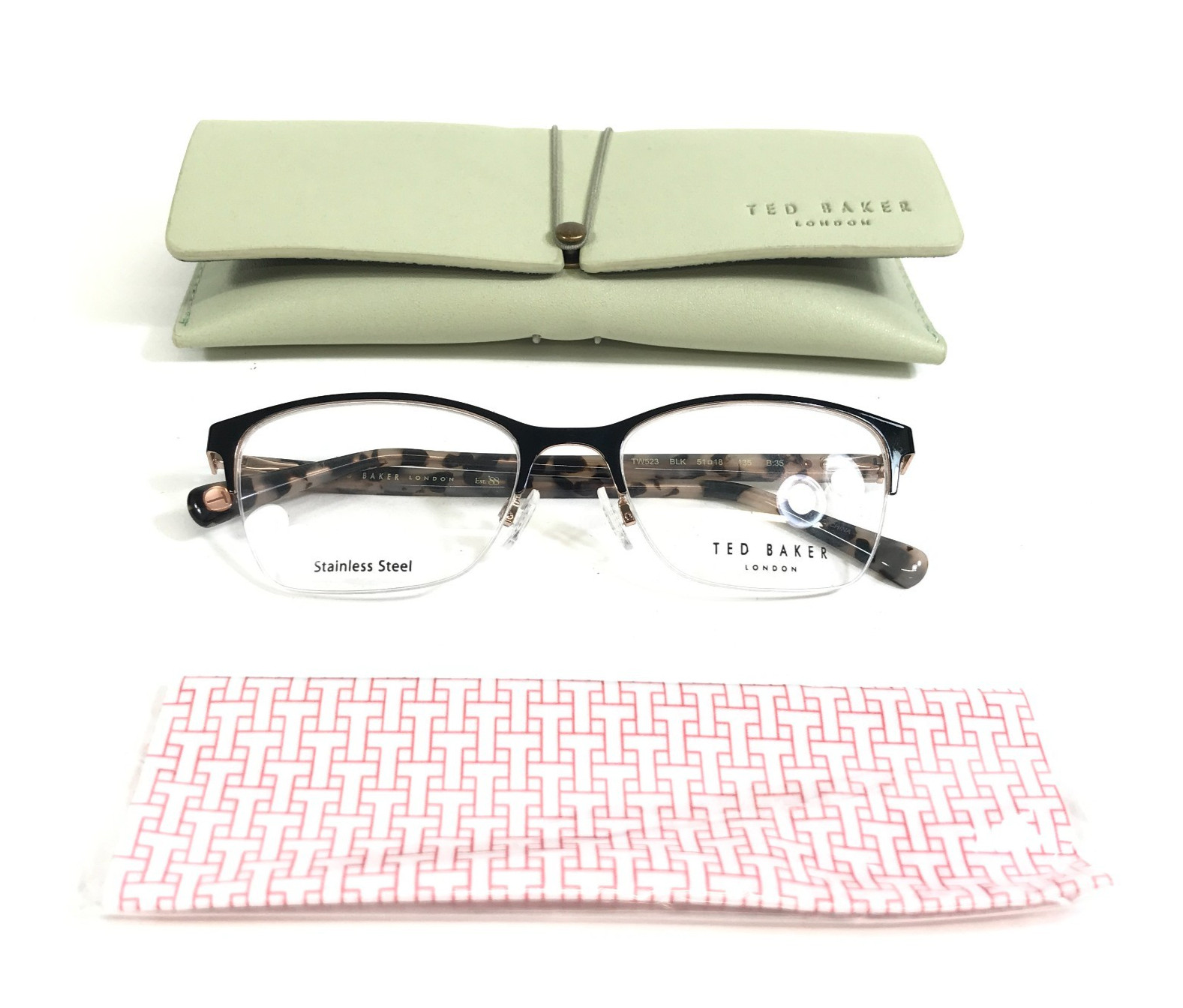 Ted Baker Eyeglasses Frames TW523 BLK Black Tortoise Cat Eye Half Rim 51-18-135 Ted Baker Eyeglasses Frames TW523 BLK Black Tortoise Cat Eye Half Rim 51-18-135