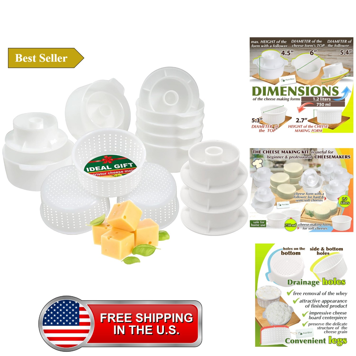 Cheese Making Kit Beginners - 6 pcs Cheese Mold with a Follower Piston + 3 pc...
