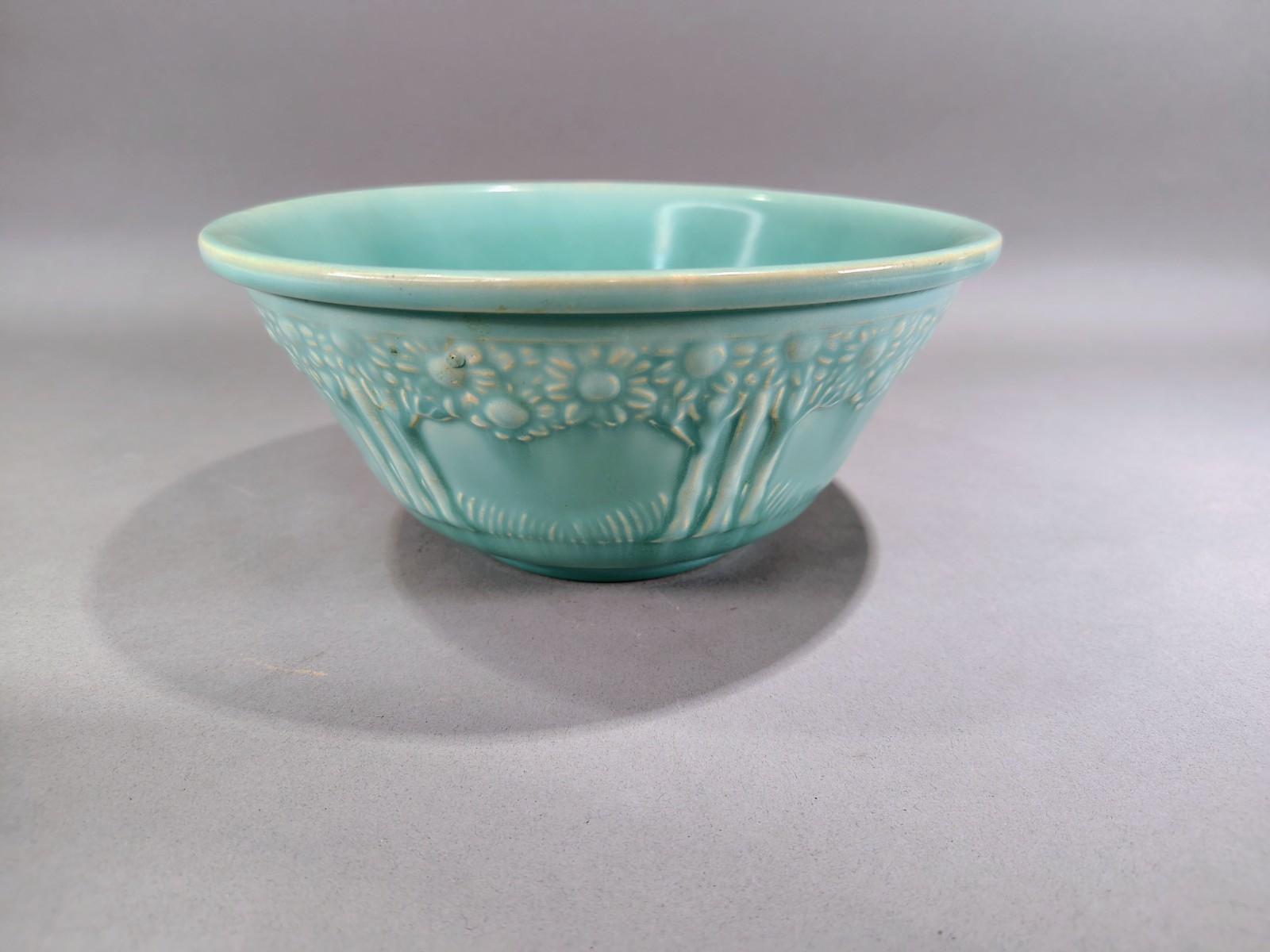 Vintage 1930s Homer Laughlin USA Mixing Bowl Apple Tree Teal 8-inch NICE