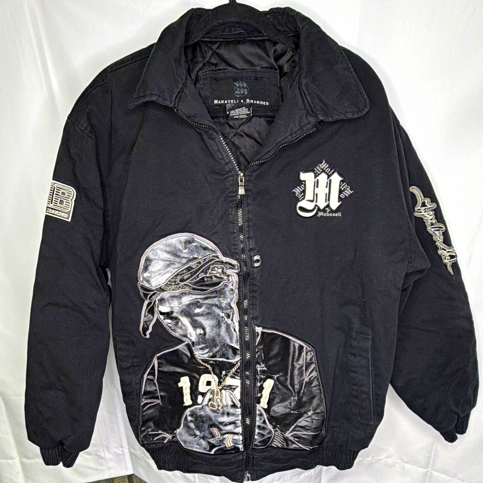 Makaveli Branded Men\'s Black Bomber Jacket L Full Zip Lined Graphic Print