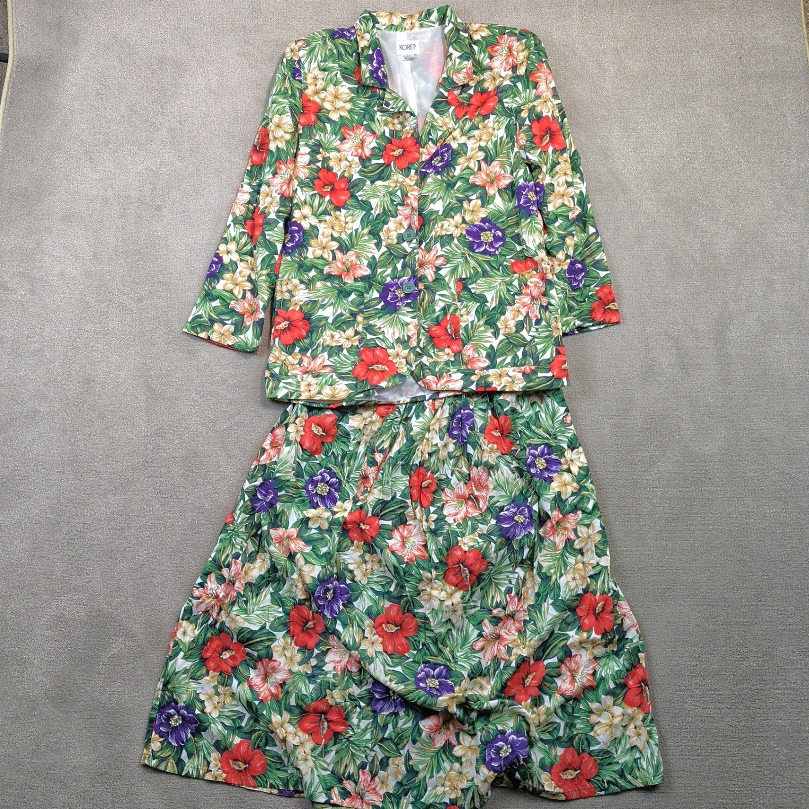 Koret Vintage Skirt Set Womens Medium Tropical Floral Blazer Midi Skirt 2 Piece