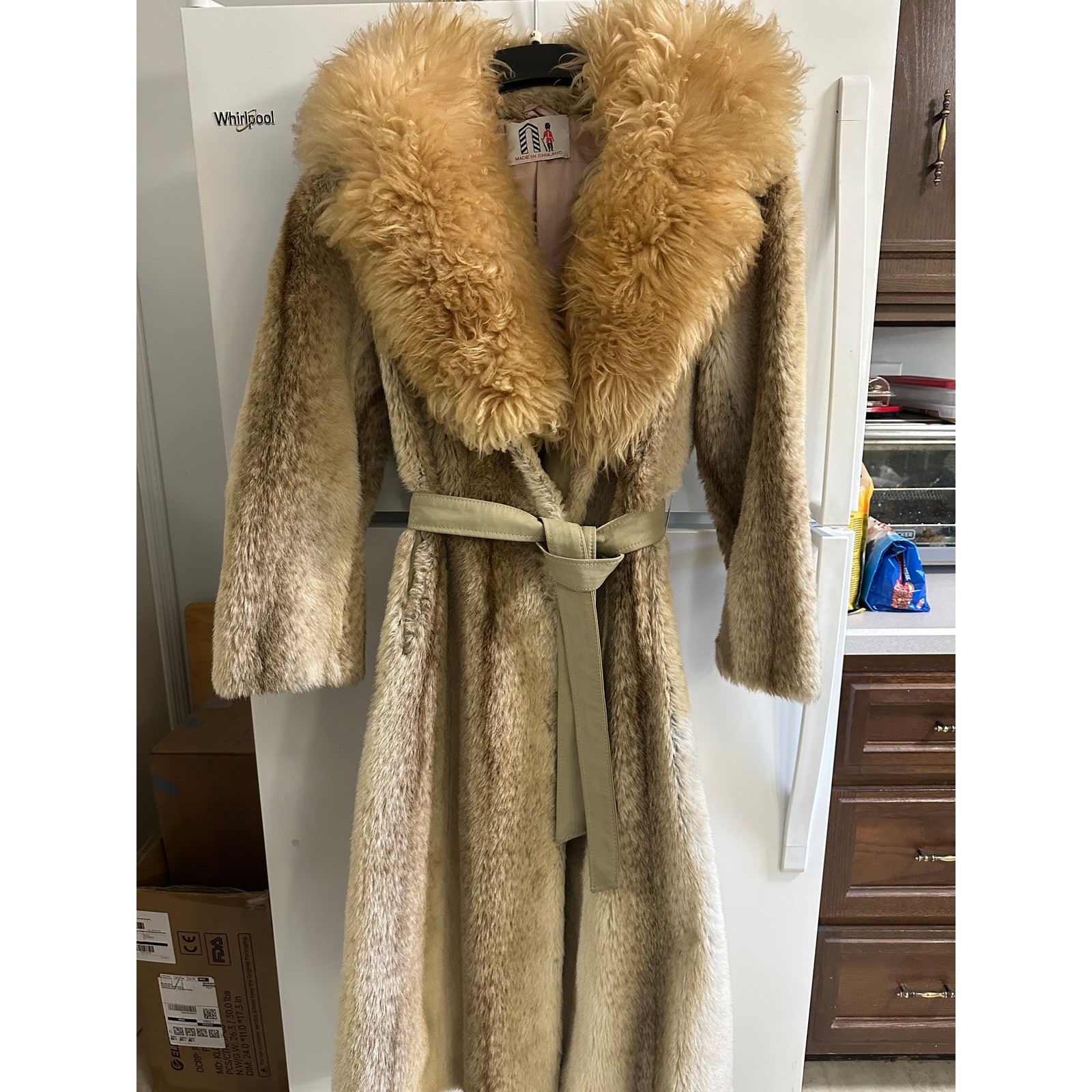 Vintage Made in England | Tan Faux Fur Long Leather Belted Wrap Coat | Size S Vintage Made in England | Tan Faux Fur Long Leather Belted Wrap Coat | Size S