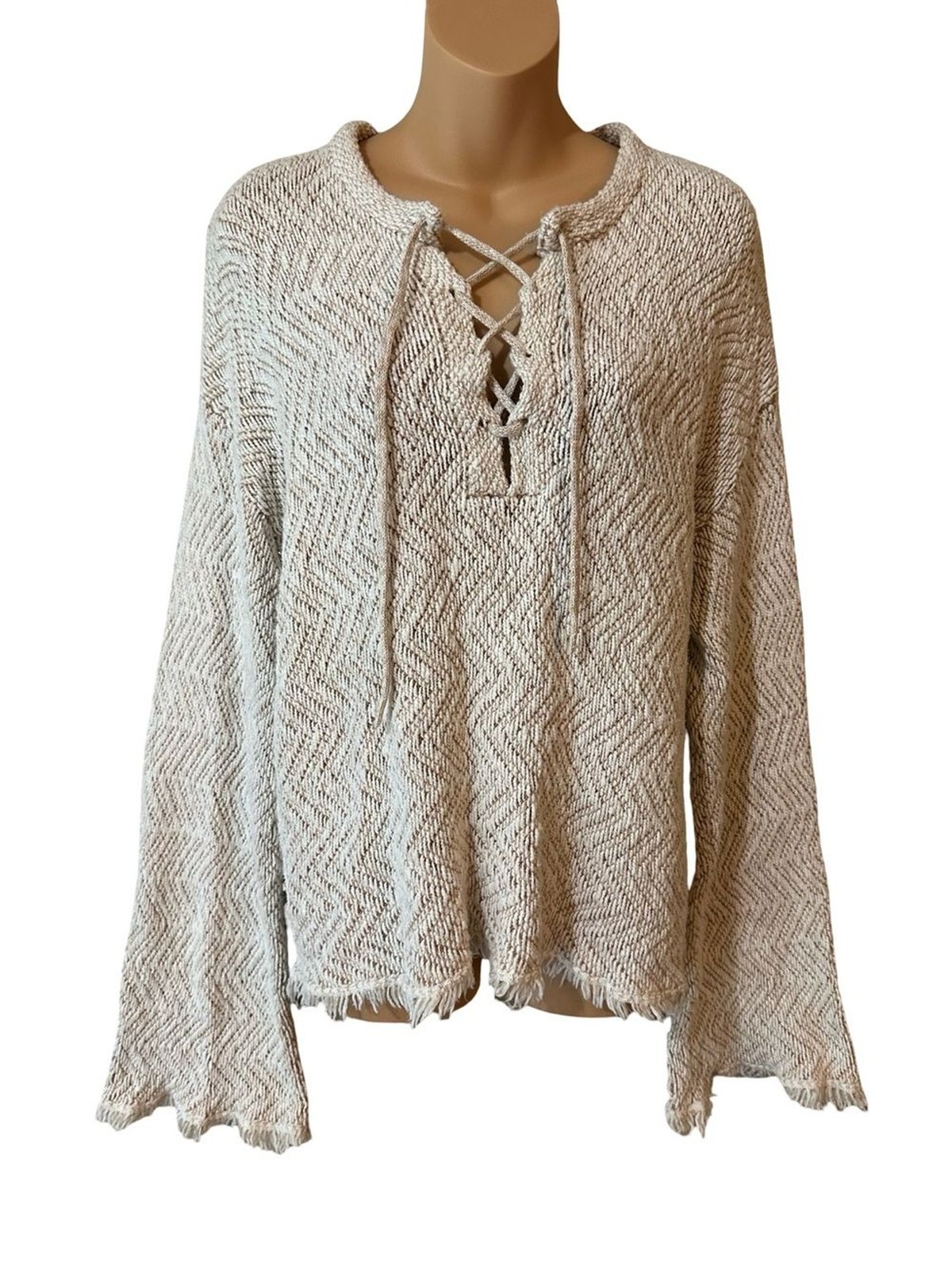 Billabong Sincerely Jules Palms For Daze Sweater Lace Up Fringe Bell Sleeve Boho