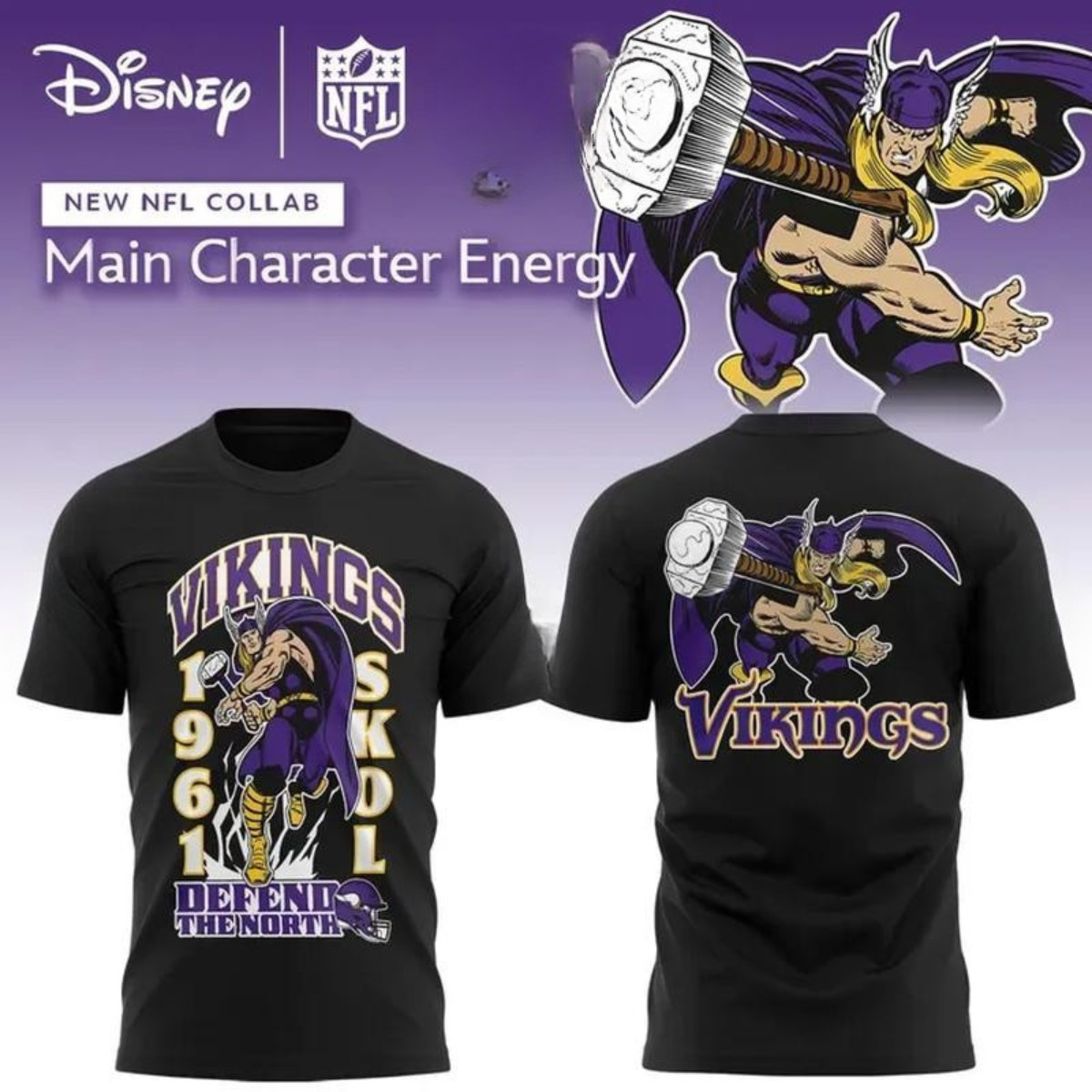 SALE HOT Minnesota Vikings x Disney Marvel Thor Fan Made Graphic T-Shirt