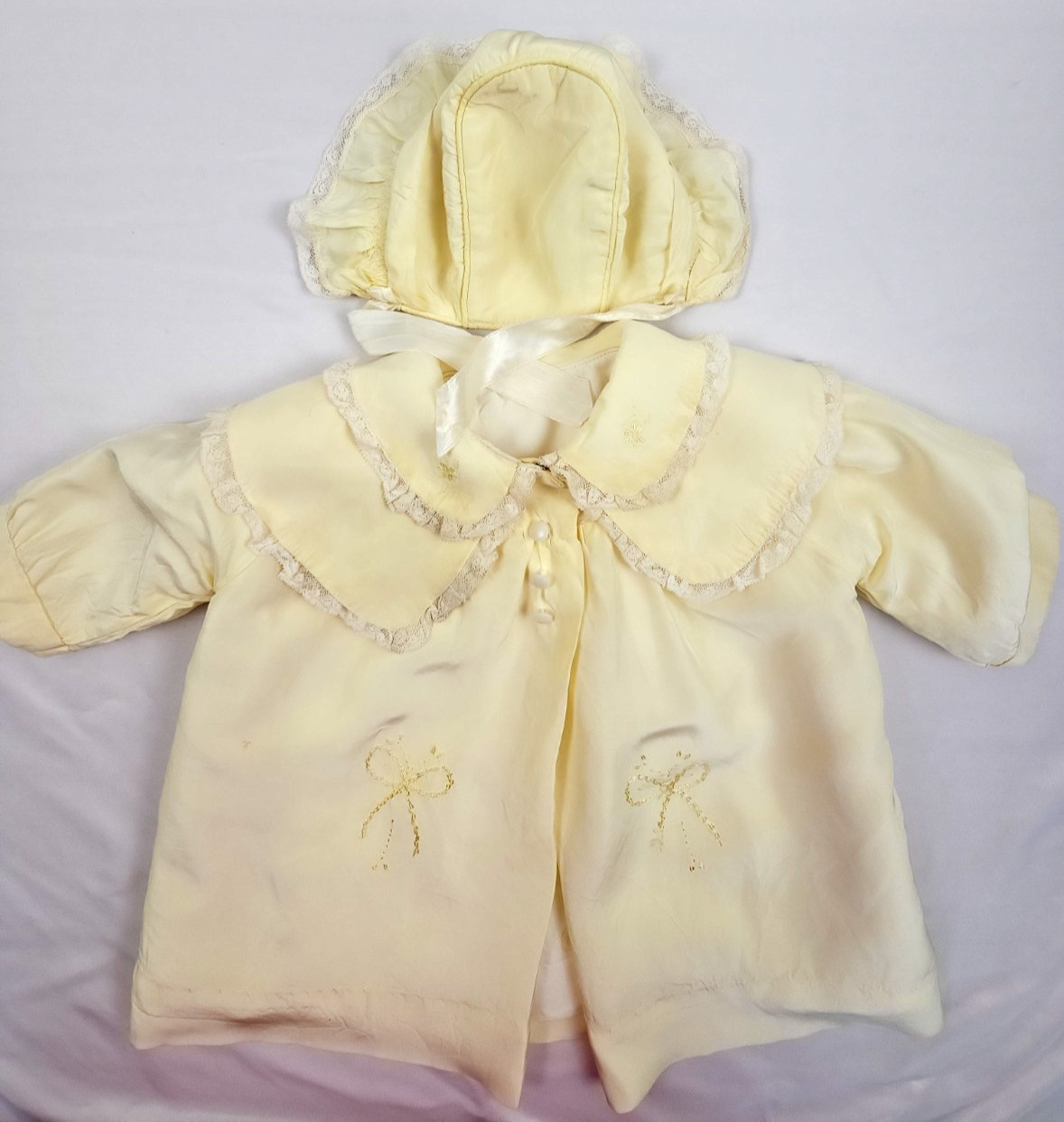 Vintage Baby Girl Yellow 1950s Quality Layette Lined Jacket with Bonnet 12-18 Mo