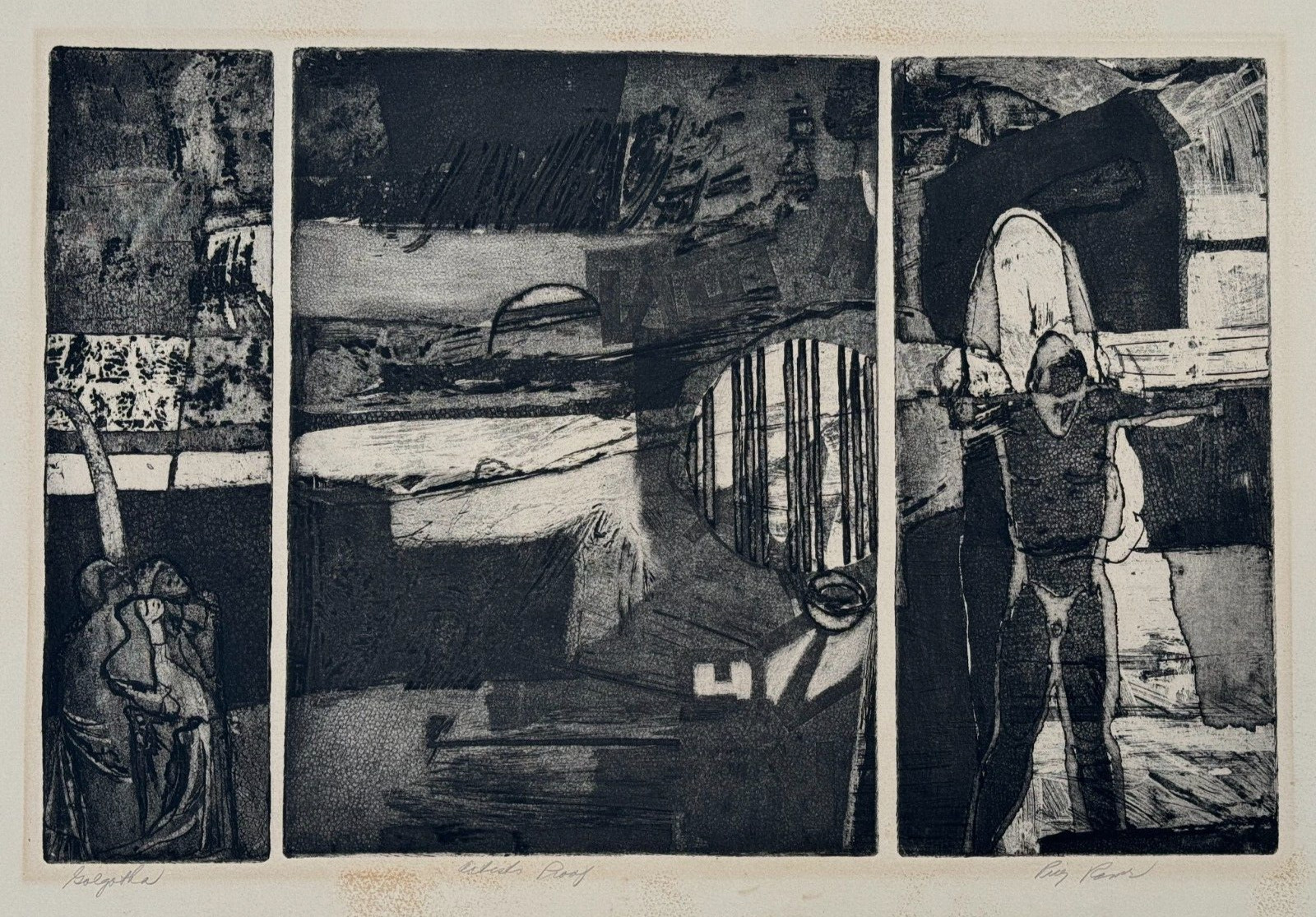 GOLGOTHA VINTAGE SIGNED ETCHING CHRIST CRUCIFIXION 3 PART ARTIST PROOF AP