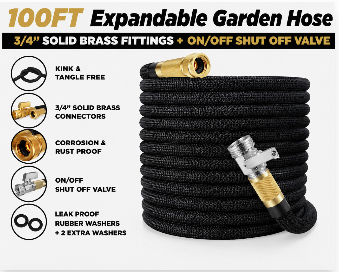 100FT Expandable Garden Hose Heavy Duty Metal Shut Off Valve 3/4