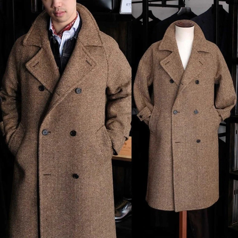 Men's Brown Autumn Winter Herringbone Long Coat Wide Lapel Offfice Trench Coats