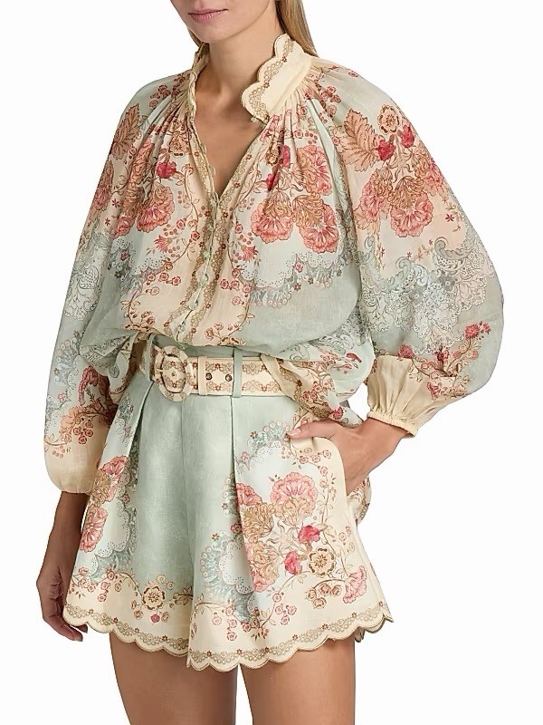 Zimmermann Daylight belted scalloped pleated printed linen shorts $495 Size 3