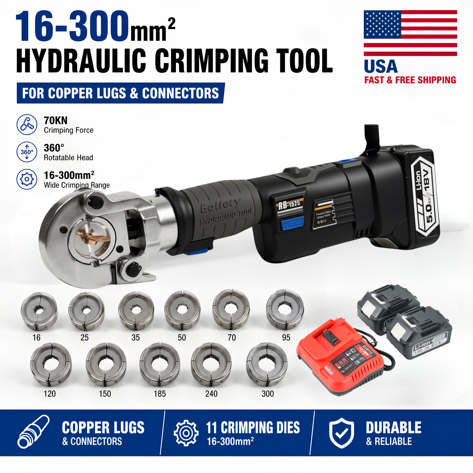 Hydraulic Cable Lug Crimping Tool 70KN 16-300mm² 11 Dies Battery Powered