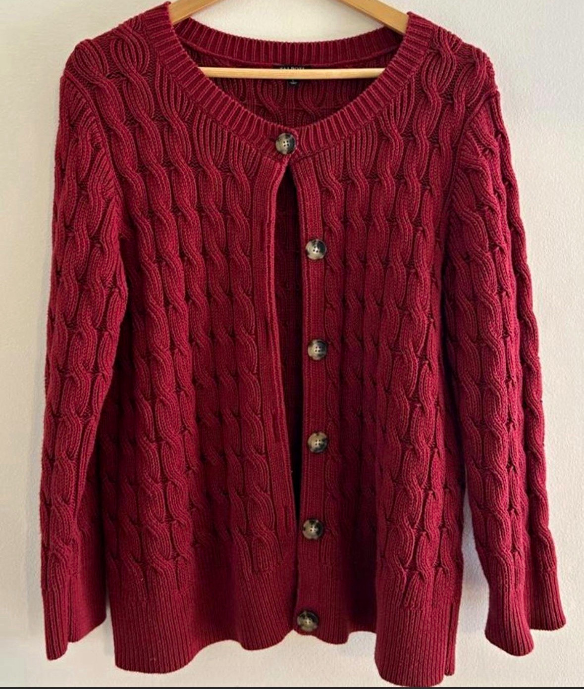 Talbots Women’s L Red Cable-Knit Button Front Crew Neck Cotton Cardigan