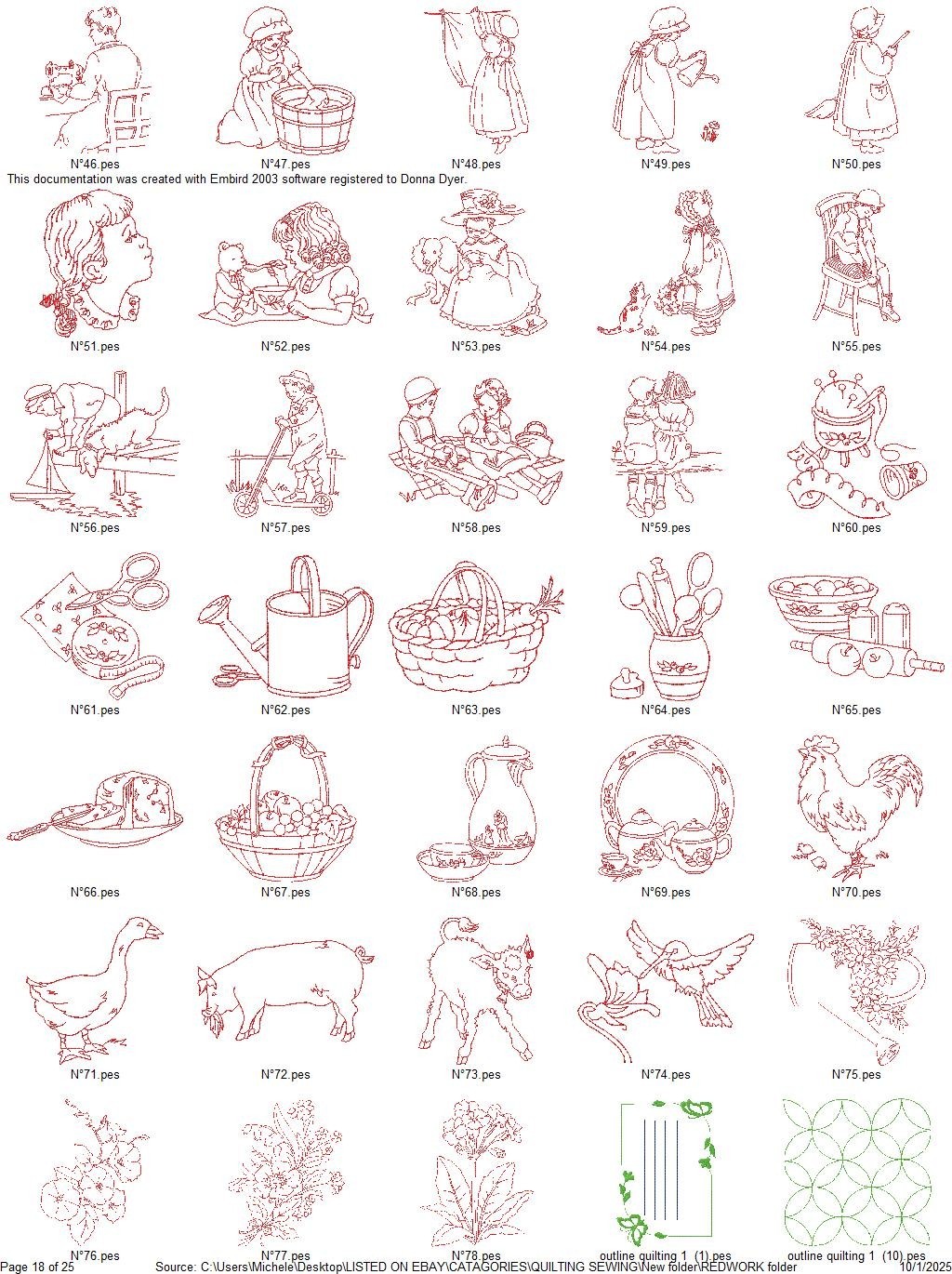 846 REDWORK AND QUILTING OUTLINES Embroidery Machine Design Pattern PES USB
