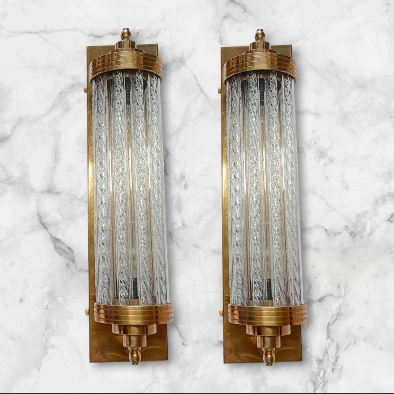 1 PC VINTAGE ART DECO LAMP RIBBED GLASS ROD & BRASS WALL LIGHT SCONCE NAUTICAL #