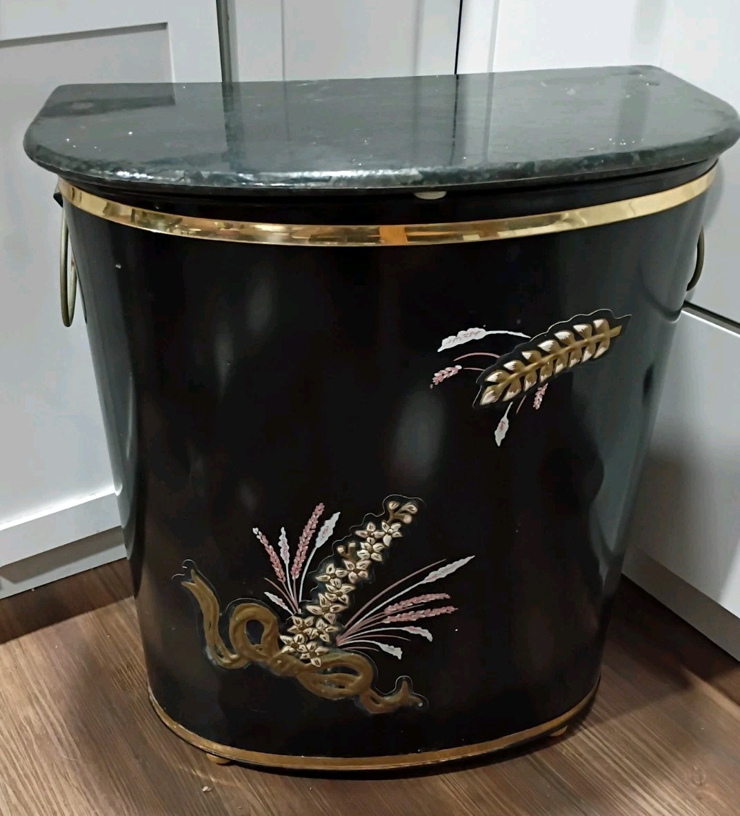 VTG DETECTO Mid Century Modern 50’s Decal Floral Metal Laundry Hamper Black/Gold