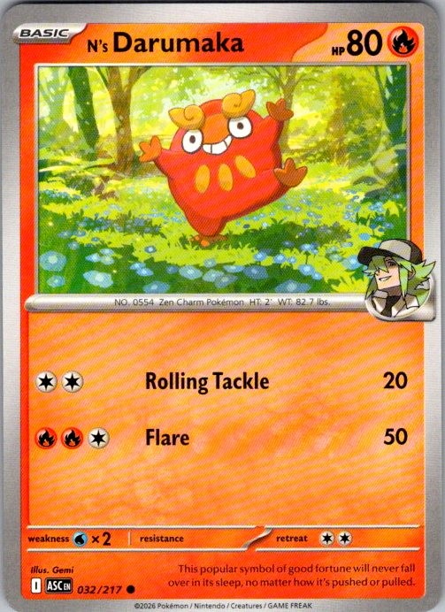 N\'s Darumaka 032/217 Common Ascended Heroes Pokemon Near Mint N\'s Darumaka 032/217 Common Ascended Heroes Pokemon Near Mint