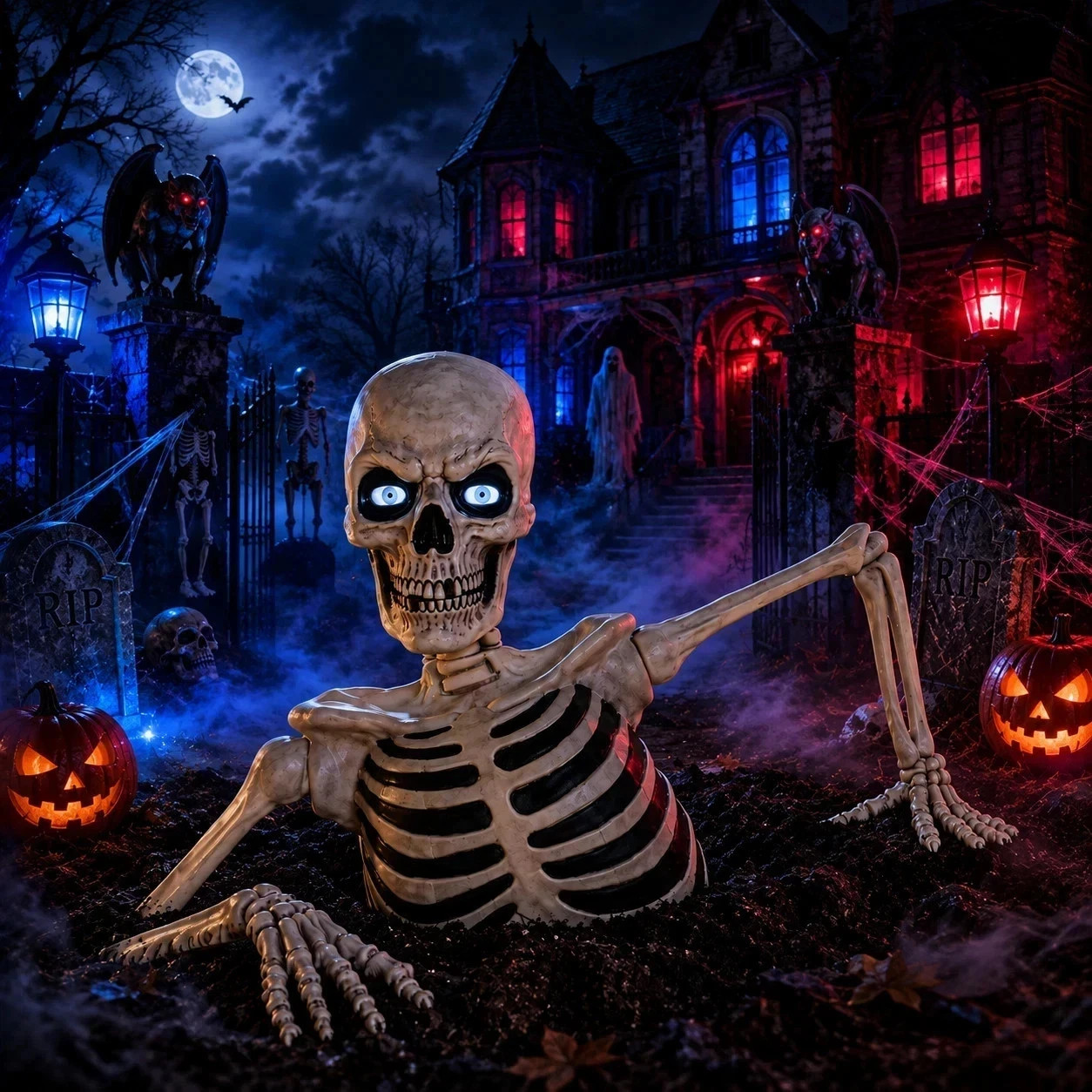 Giant Ground Breaking Skeleton Halloween Prop  Animated LCD Eyes & Sound