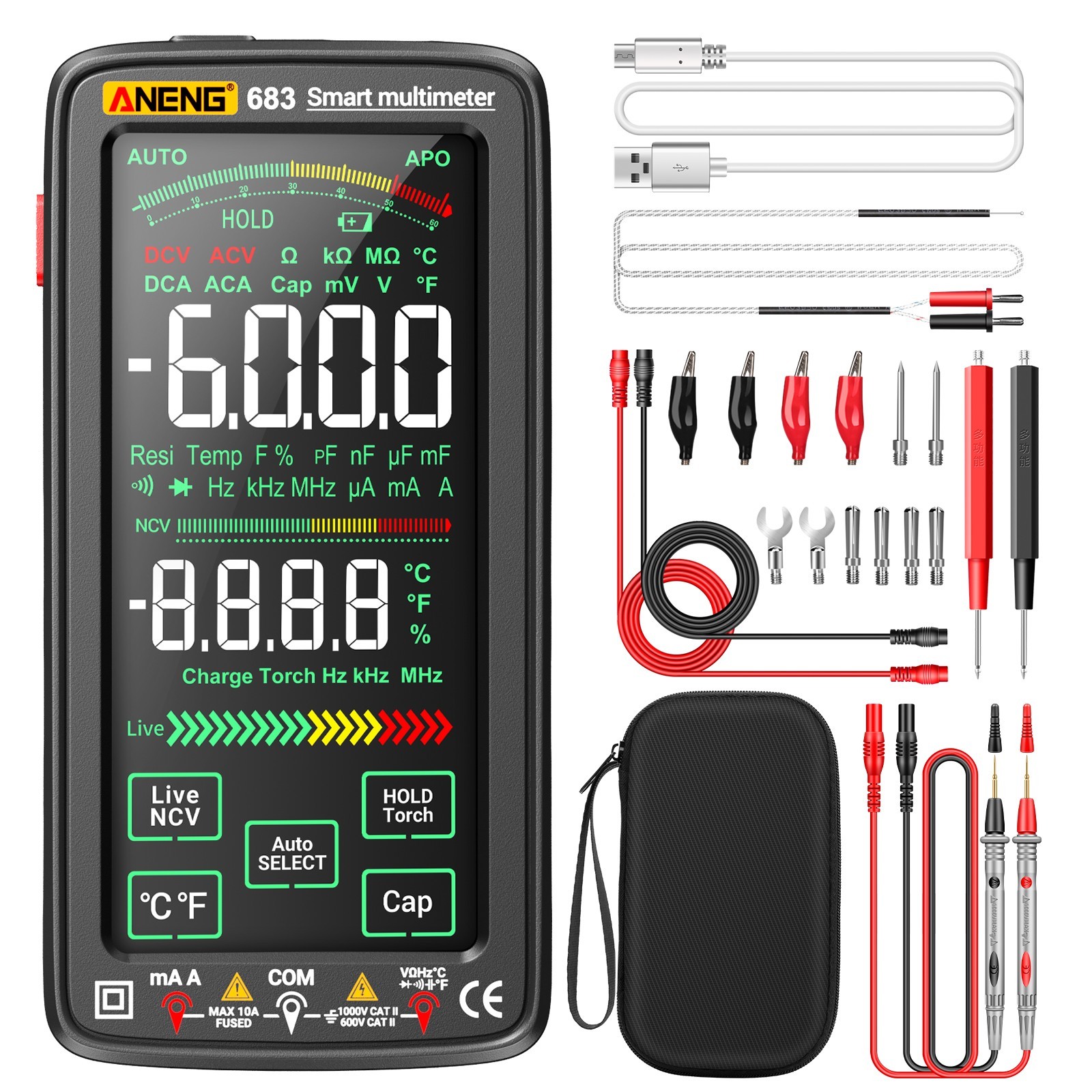 ANENG 683 USB Digital Multimeter TRMS 6000 Counts 1000V 10A NCV Touch Screen US