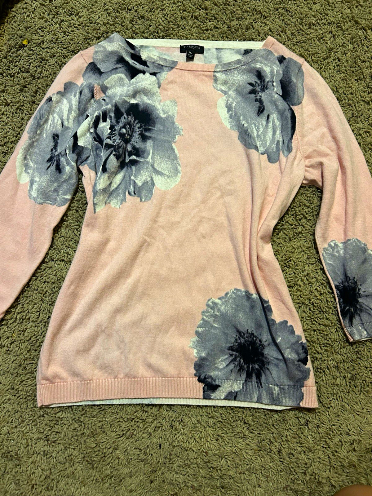 Talbots Womens Petites PM Pink Gray Floral Knit Crew Neck Pullover Sweater