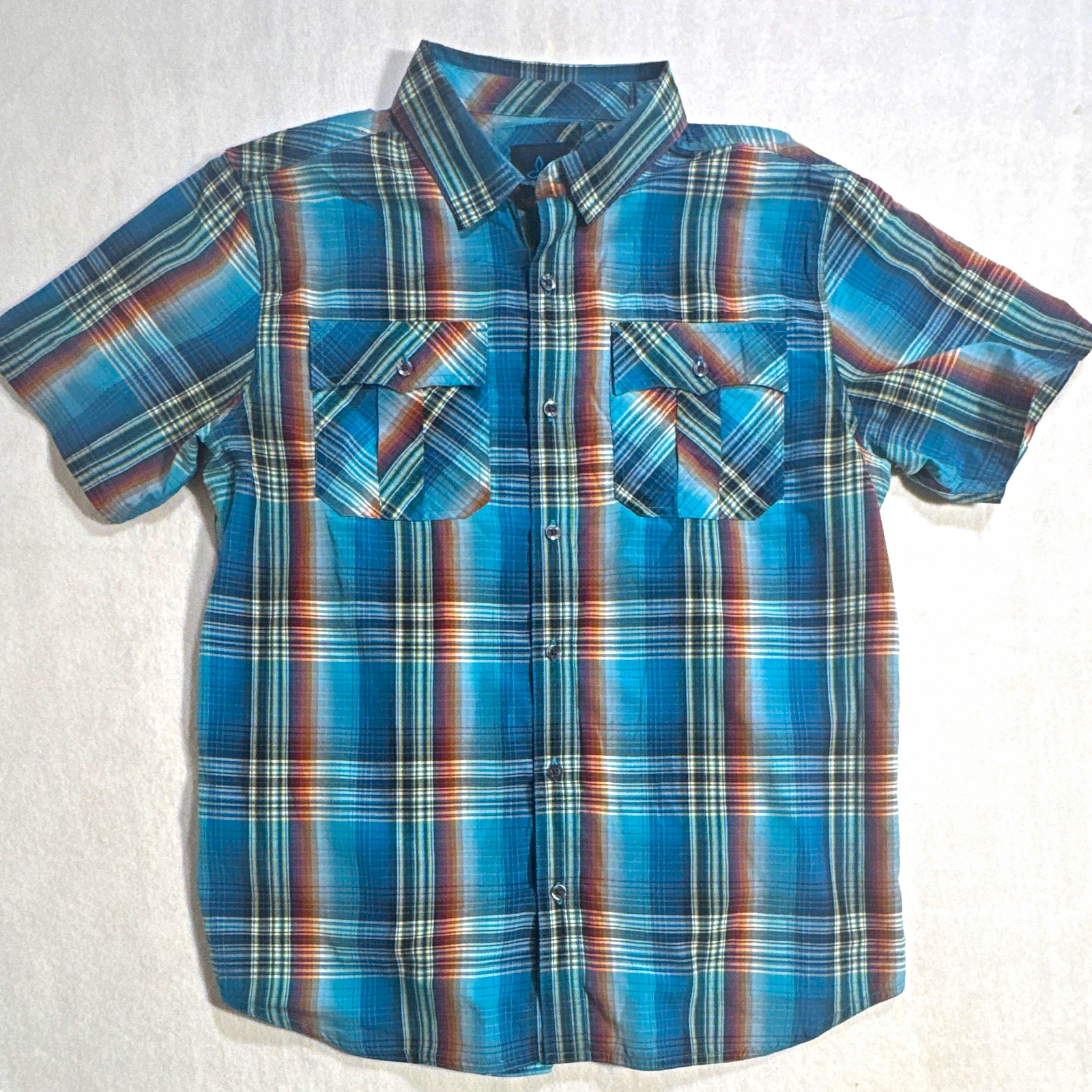 prAna Men’s L Blue Multicolor Plaid Woven SS Button-Up Shirt Pockets Point prAna Men’s L Blue Multicolor Plaid Woven SS Button-Up Shirt Pockets Point