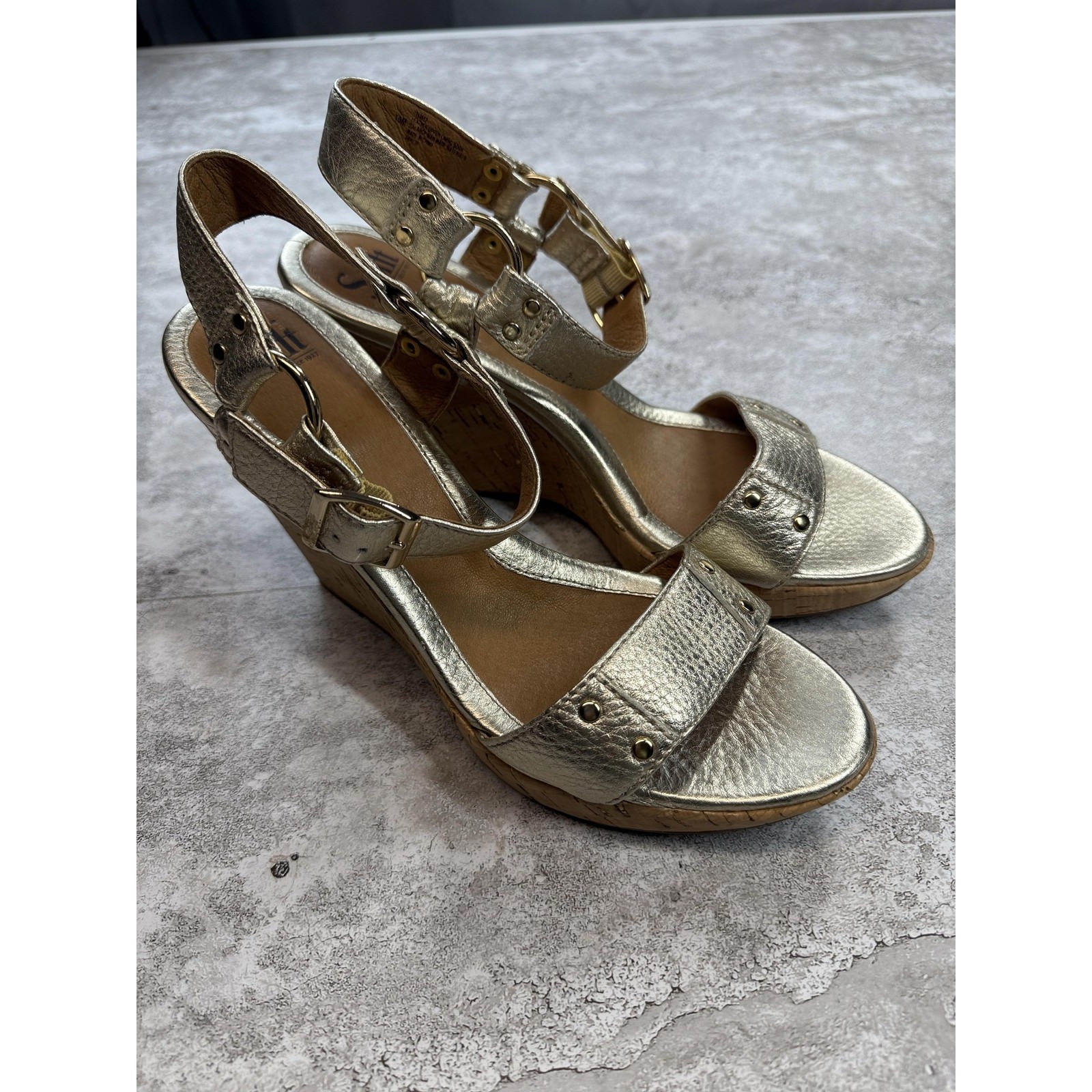 Sofft Carl Wedge Sandals Women 10M Gold Metallic Leather Cork Strappy