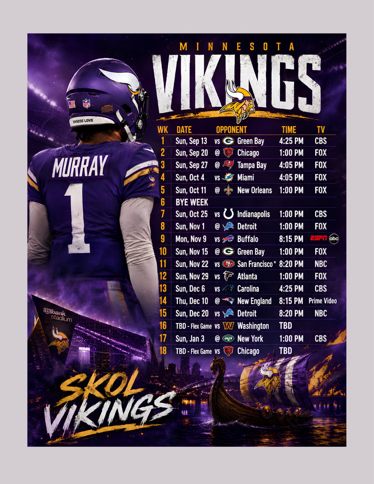 Minnesota Vikings Schedule 2026-27 Season Magnet (5 x 7 inches) High Def