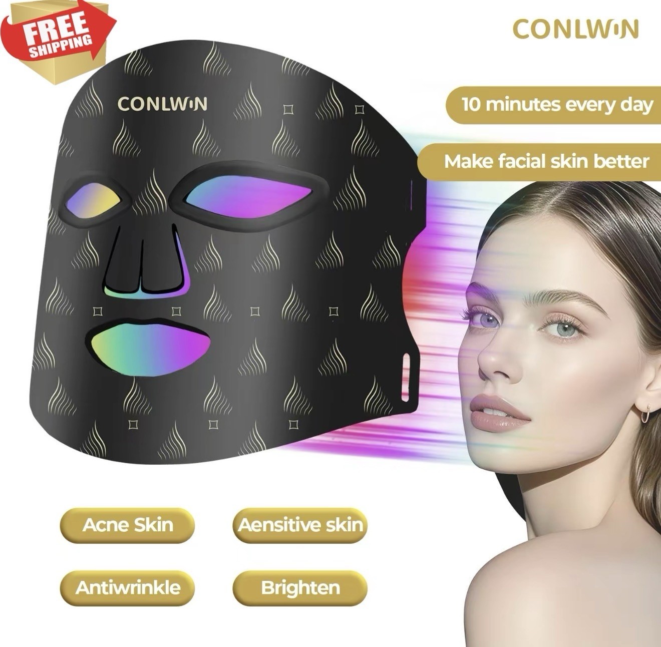 CONLWIN Red Light Therapy Mask for Face , 8 Modes Ultra Lightweight Red Light